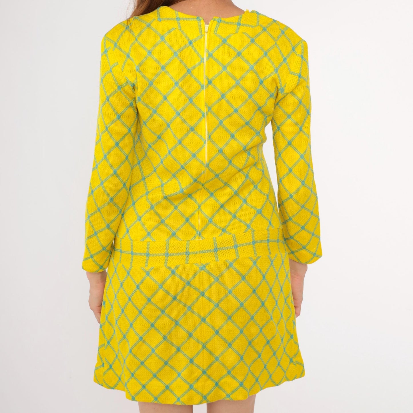 60s Yellow Checkered Drop Waist Mini Dress Long Sleeve Pleated Scooter Small