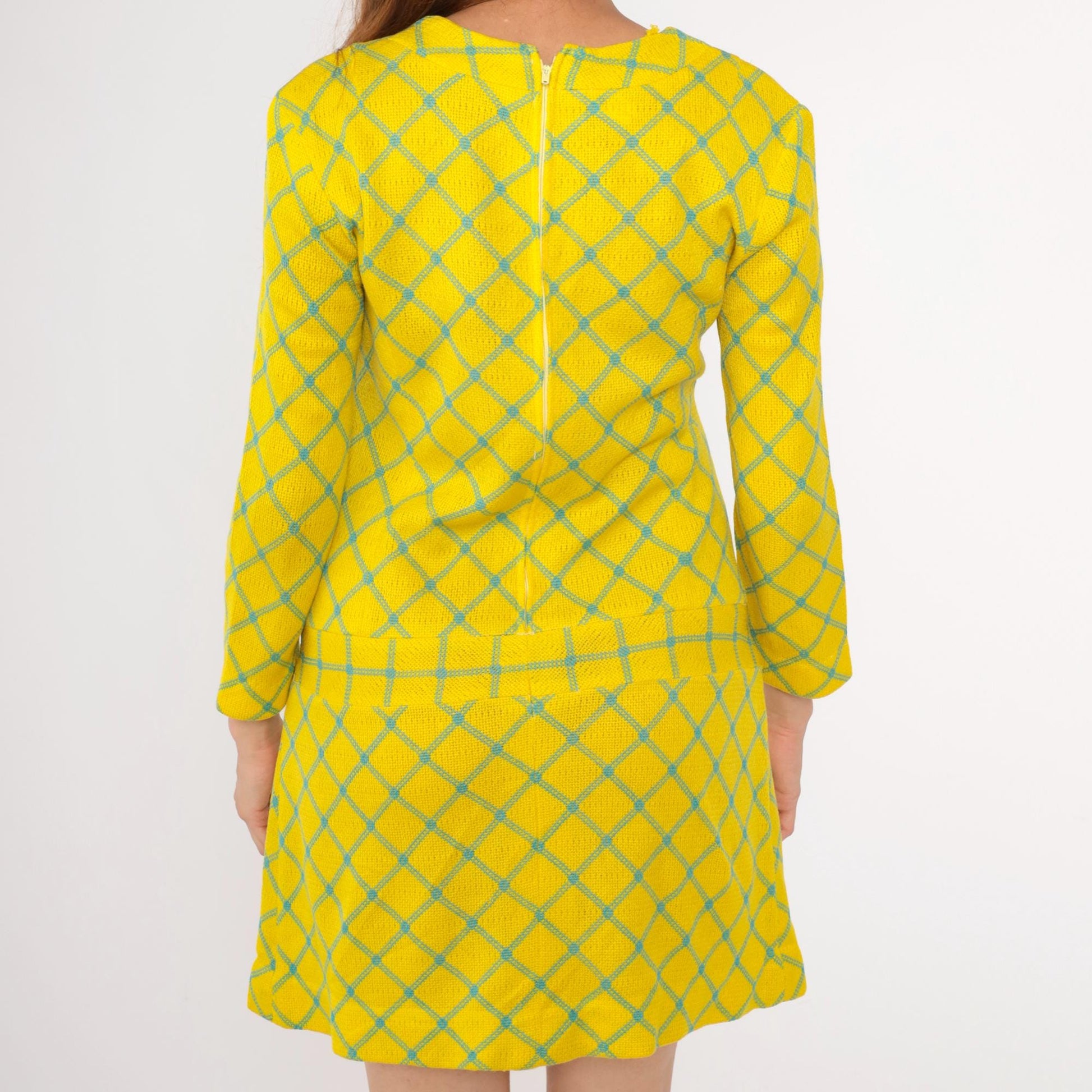 60s Yellow Checkered Drop Waist Mini Dress Long Sleeve Pleated Scooter Small
