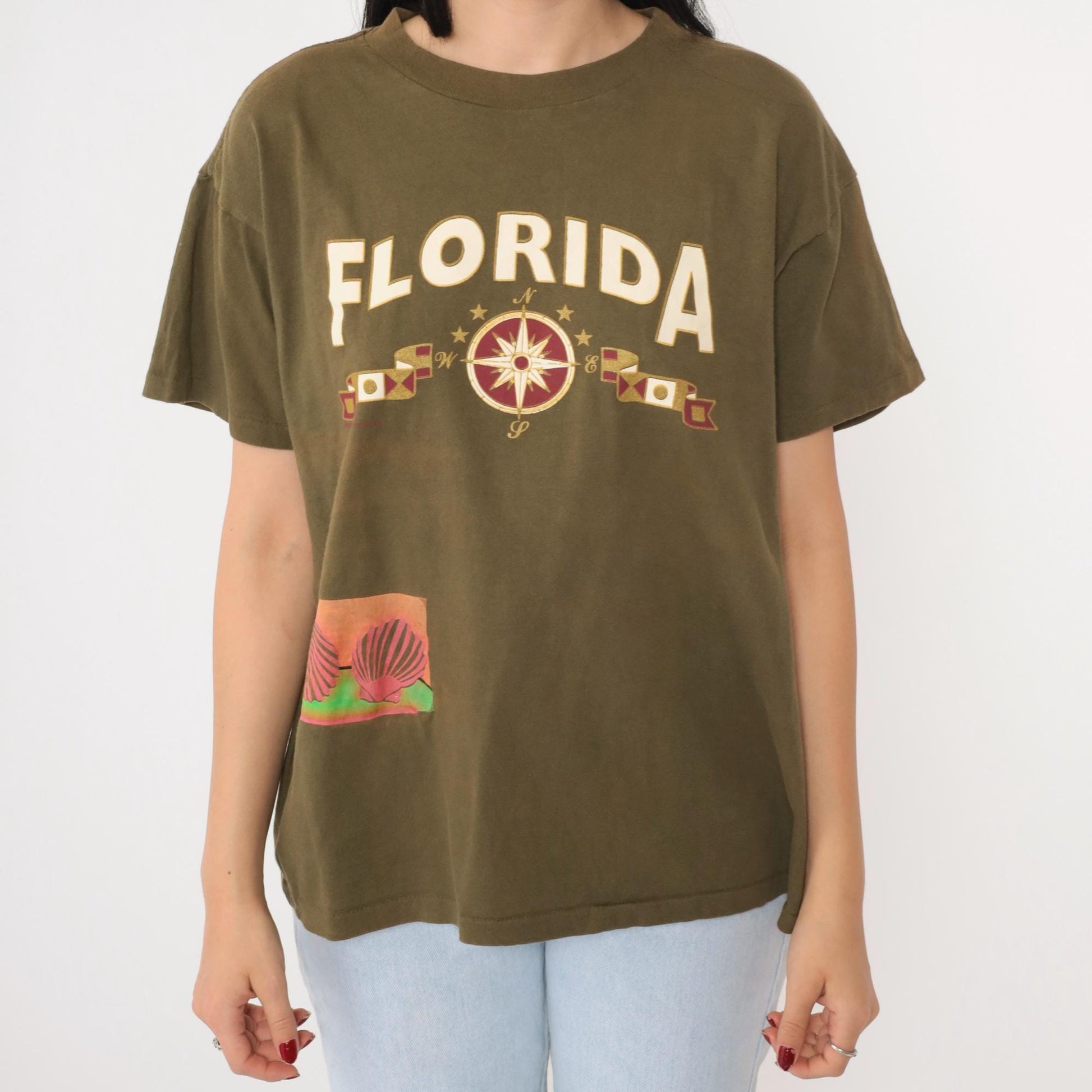 90s Florida Shell Compass Graphic T-Shirt Olive Green Tourist Tee Large L