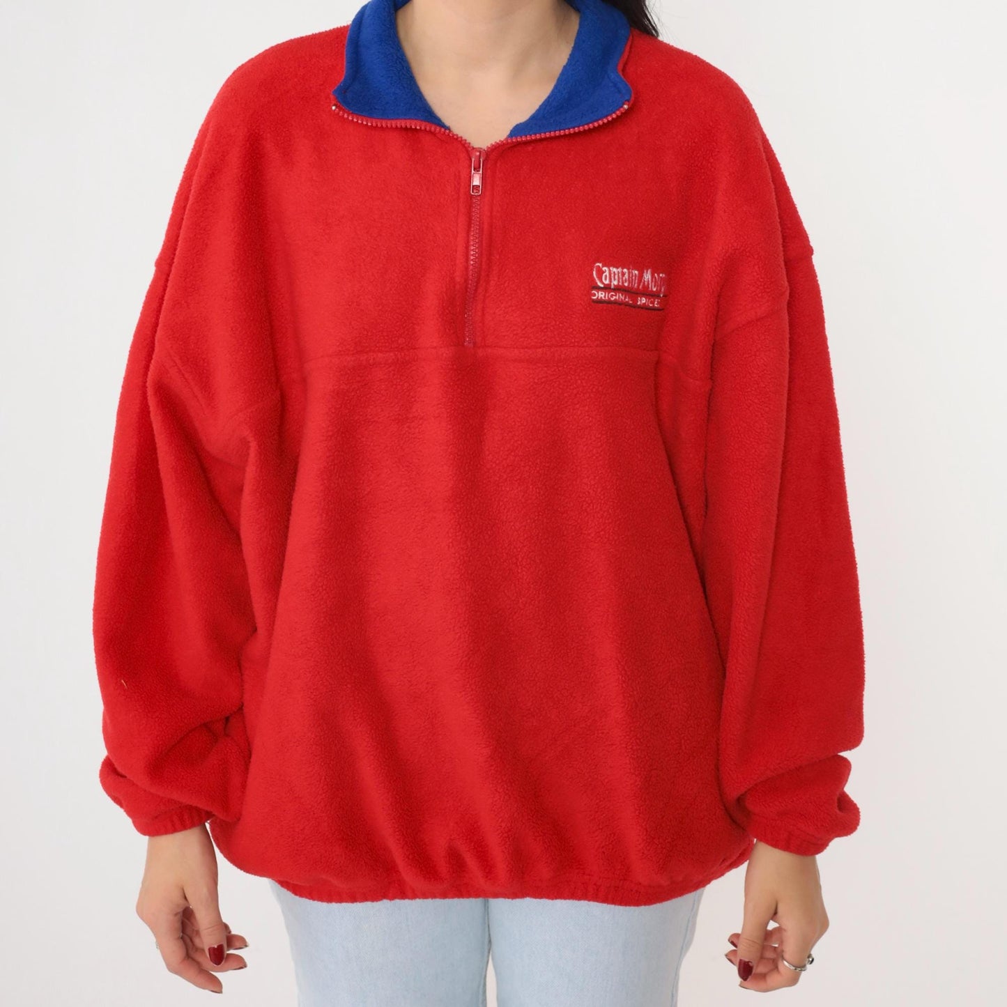 90s Captain Morgan Spiced Rum Quarter Zip Fleece Sweatshirt Red Extra Large XXL
