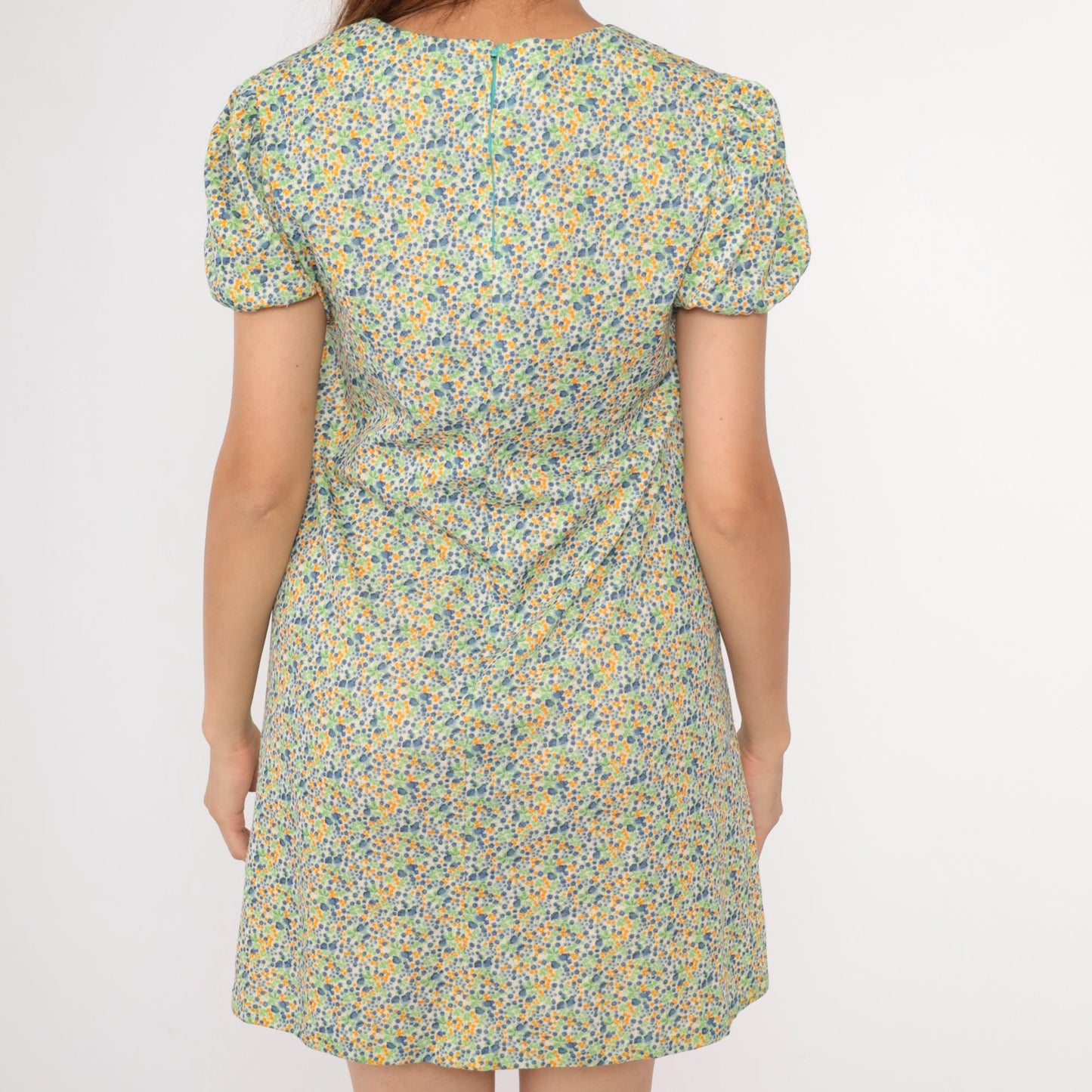 60s Floral Babydoll Dress Puff Sleeve Empire Waist Mini Green Blue Medium
