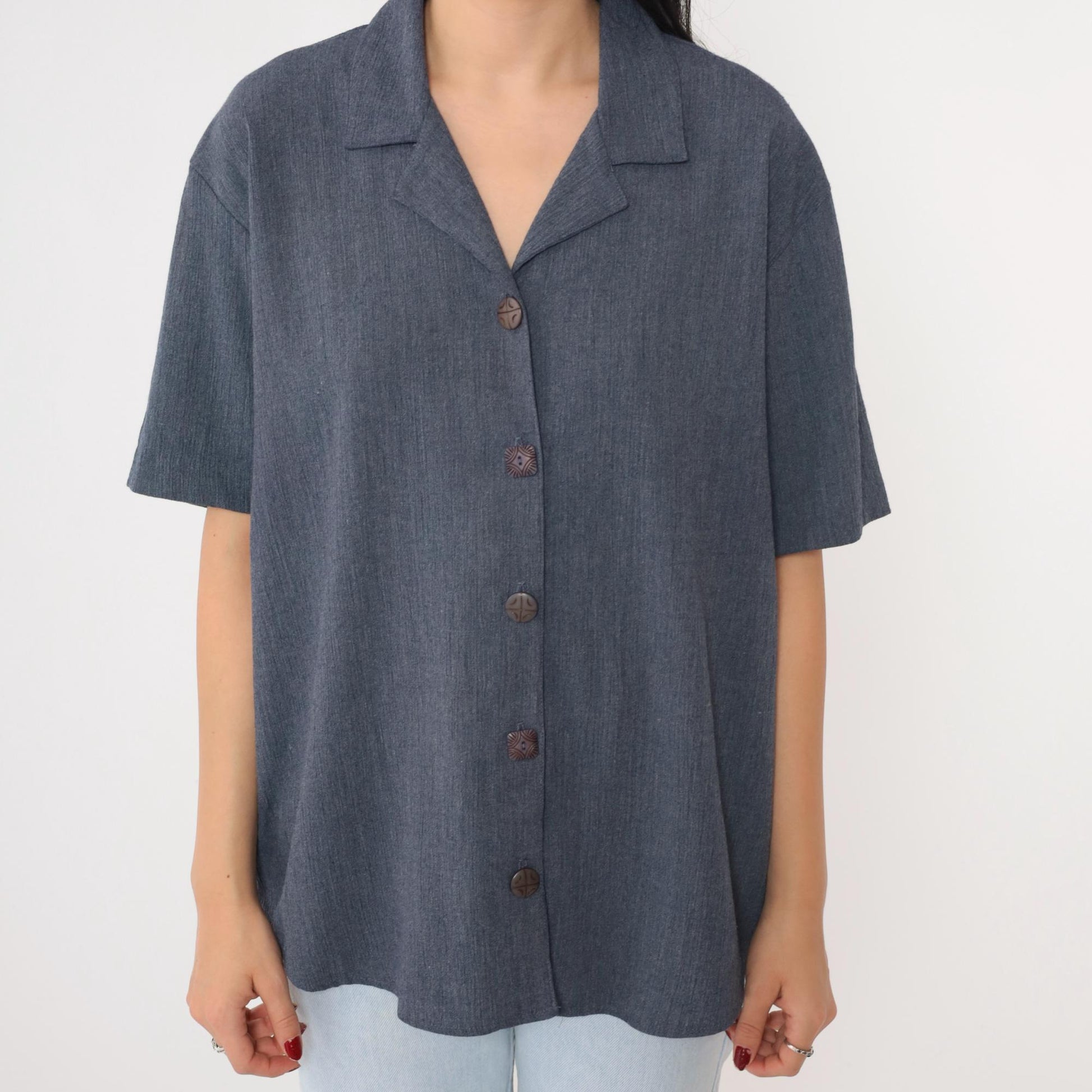 90s Teddi Blueish Grey Button-Up Blouse Short Sleeve Medium