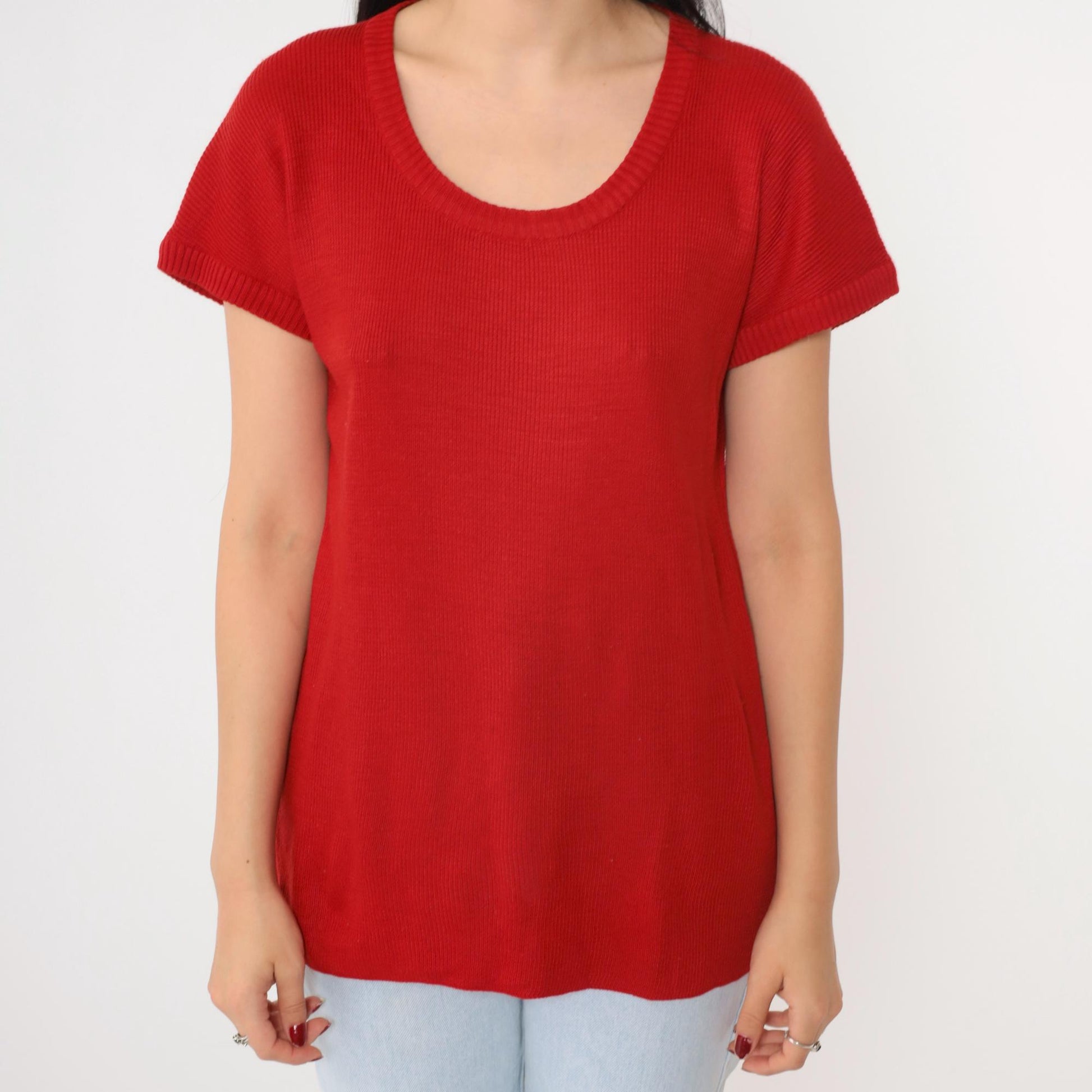 80s Red Ribbed Knit Scoop Neck Longline Top Short Sleeve Small