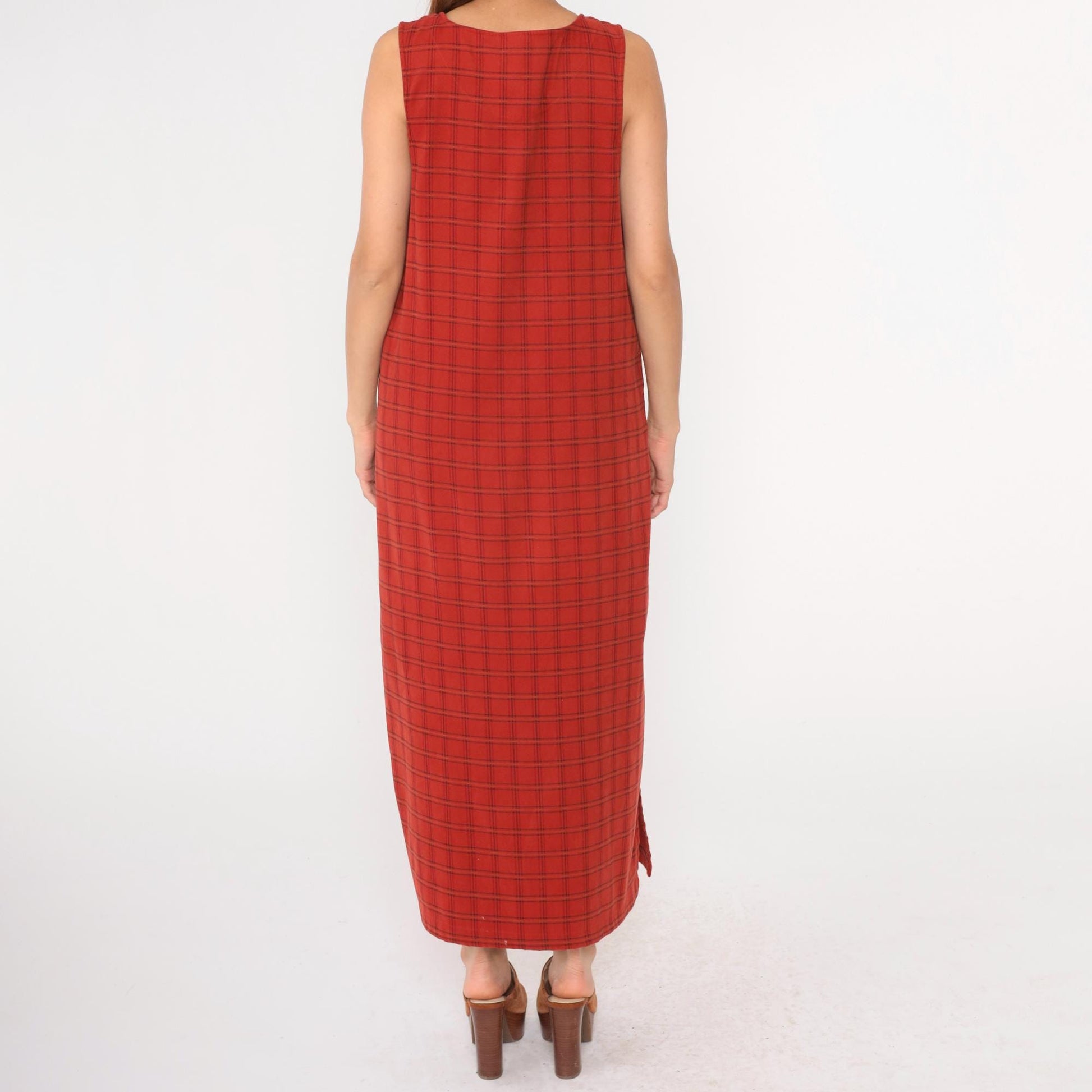 90s Red Checkered Maxi Pinafore Dress Scoop Neck Side Buttons Medium
