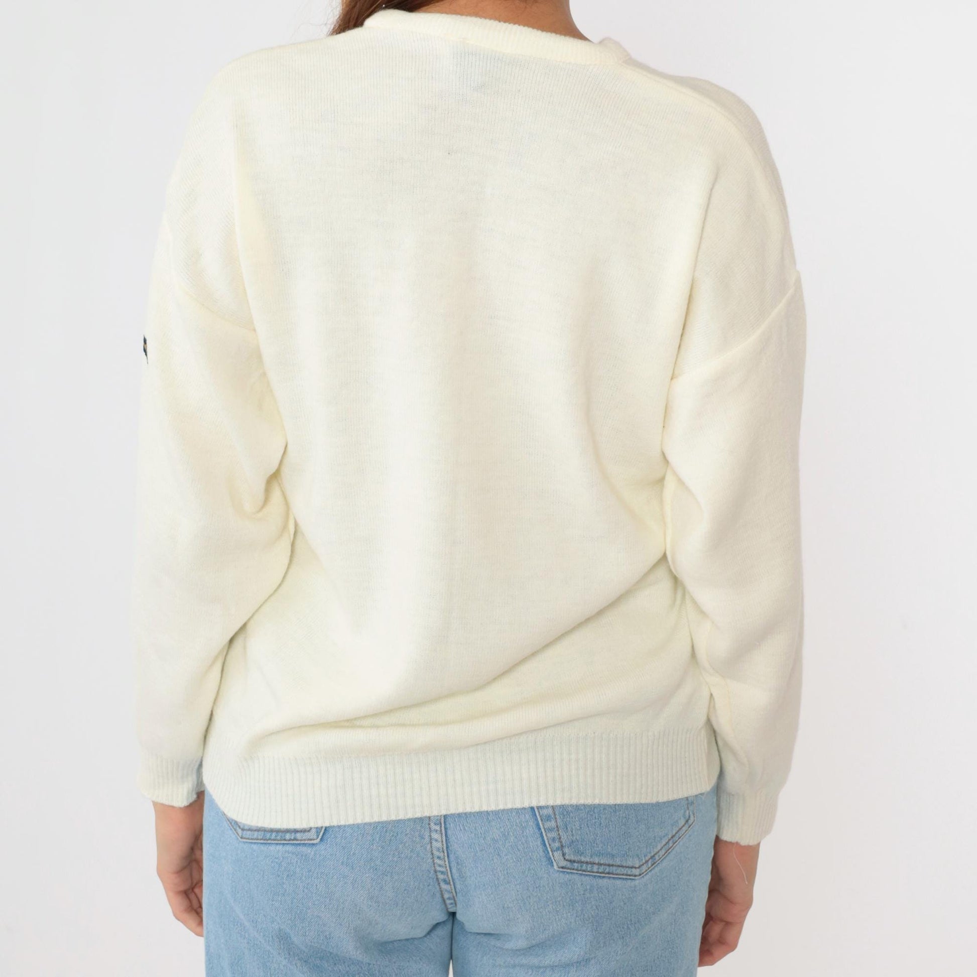 80s Blarney Castle Irish Sweater Off-White Shamrock V-Neck Knit Medium