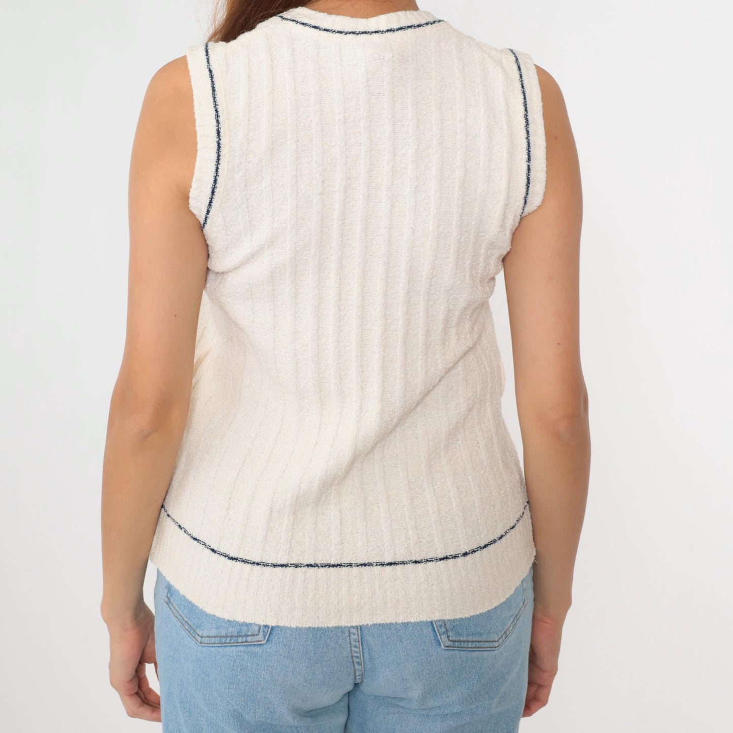 70s Sabra Sweater Vest White Ribbed Knit V-Neck Navy Trim Small