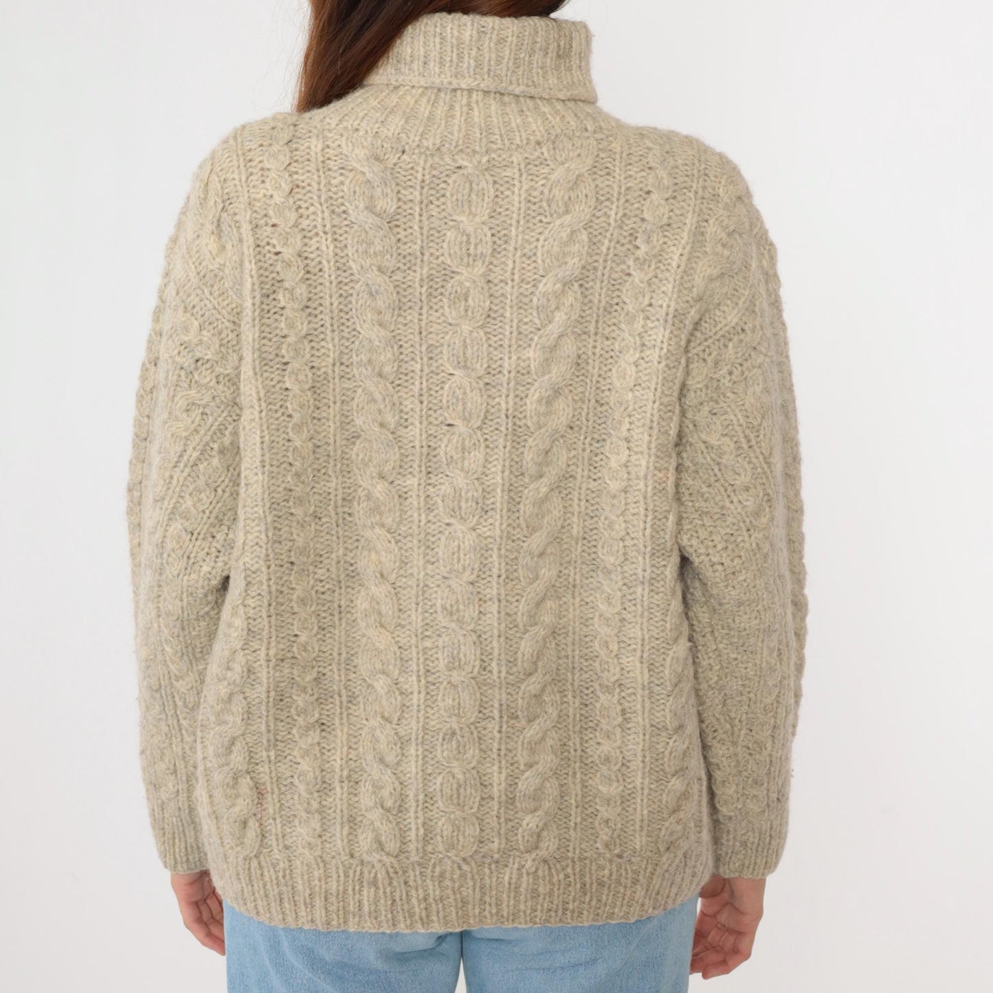 80s Beige Cable Knit Turtleneck Sweater Flecked Pullover Large