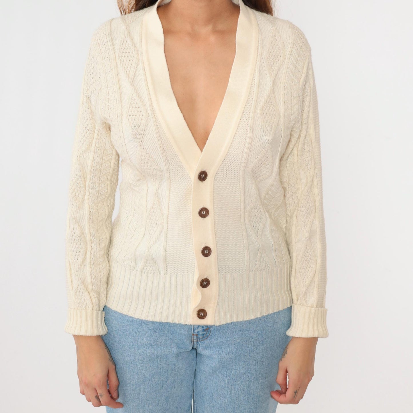 70s Fishers Castleton Cream Cardigan Diamond Knit V-Neck Button-Up Small