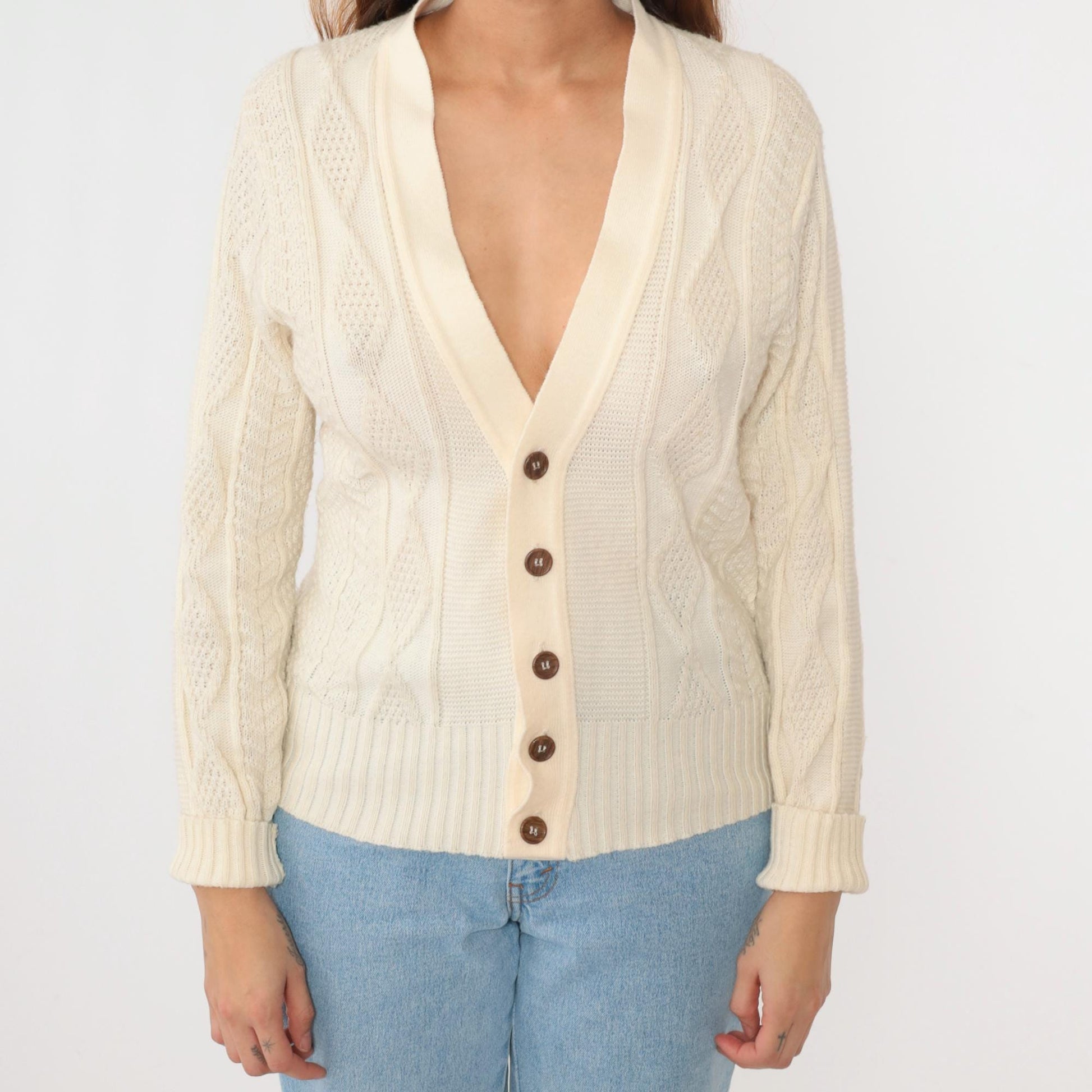70s Fishers Castleton Cream Cardigan Diamond Knit V-Neck Button-Up Small