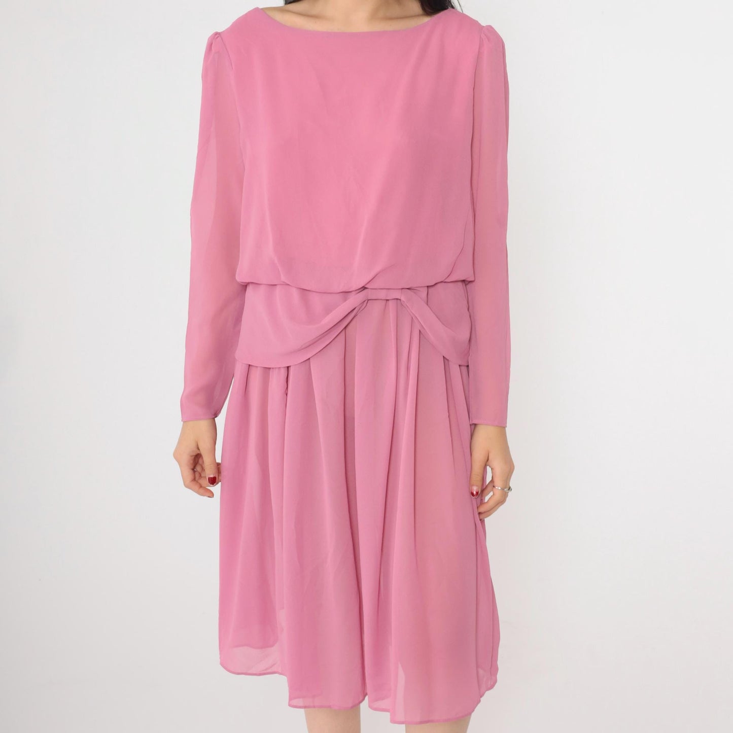 80s Pink Chiffon Midi Dress Puff Sleeve Peplum Waist Long Sleeve Small