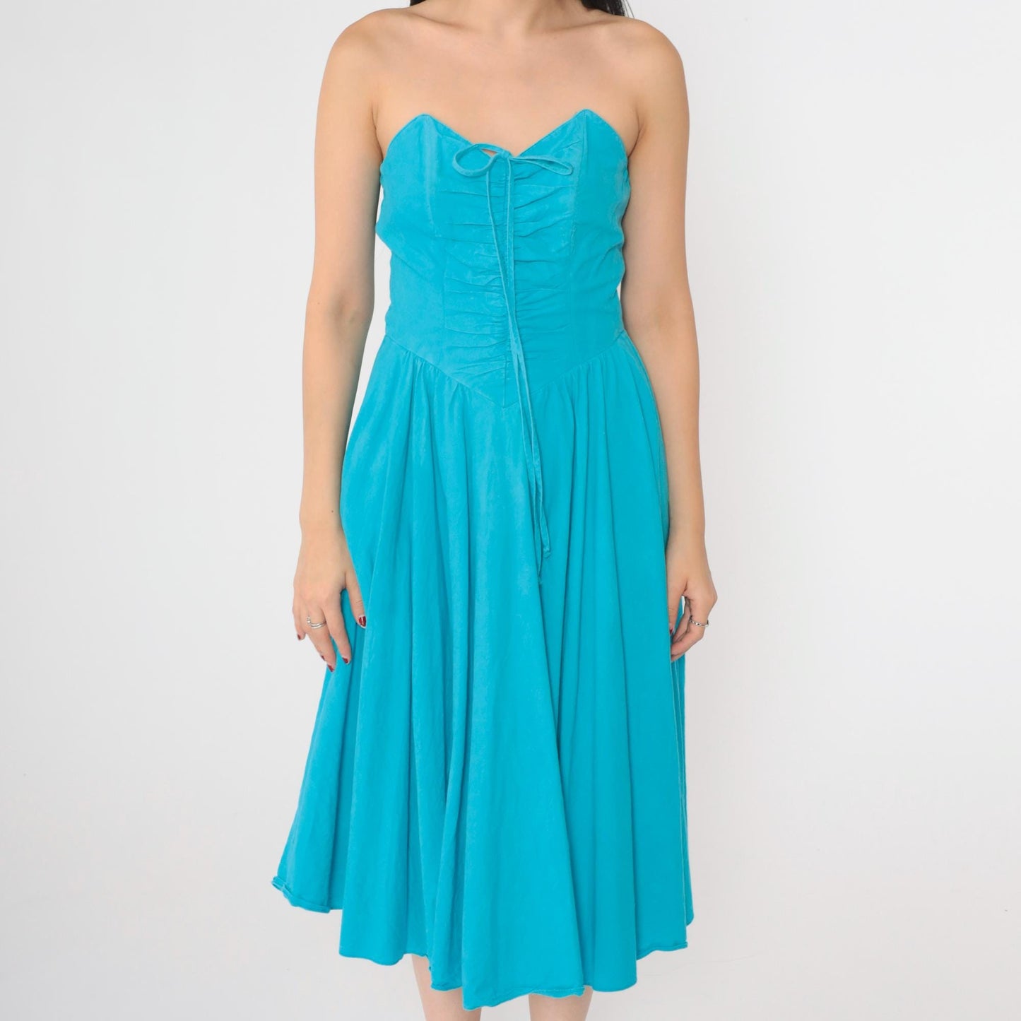 80s Turquoise Strapless Sweetheart Midi Dress Smocked Ruched Cotton Medium
