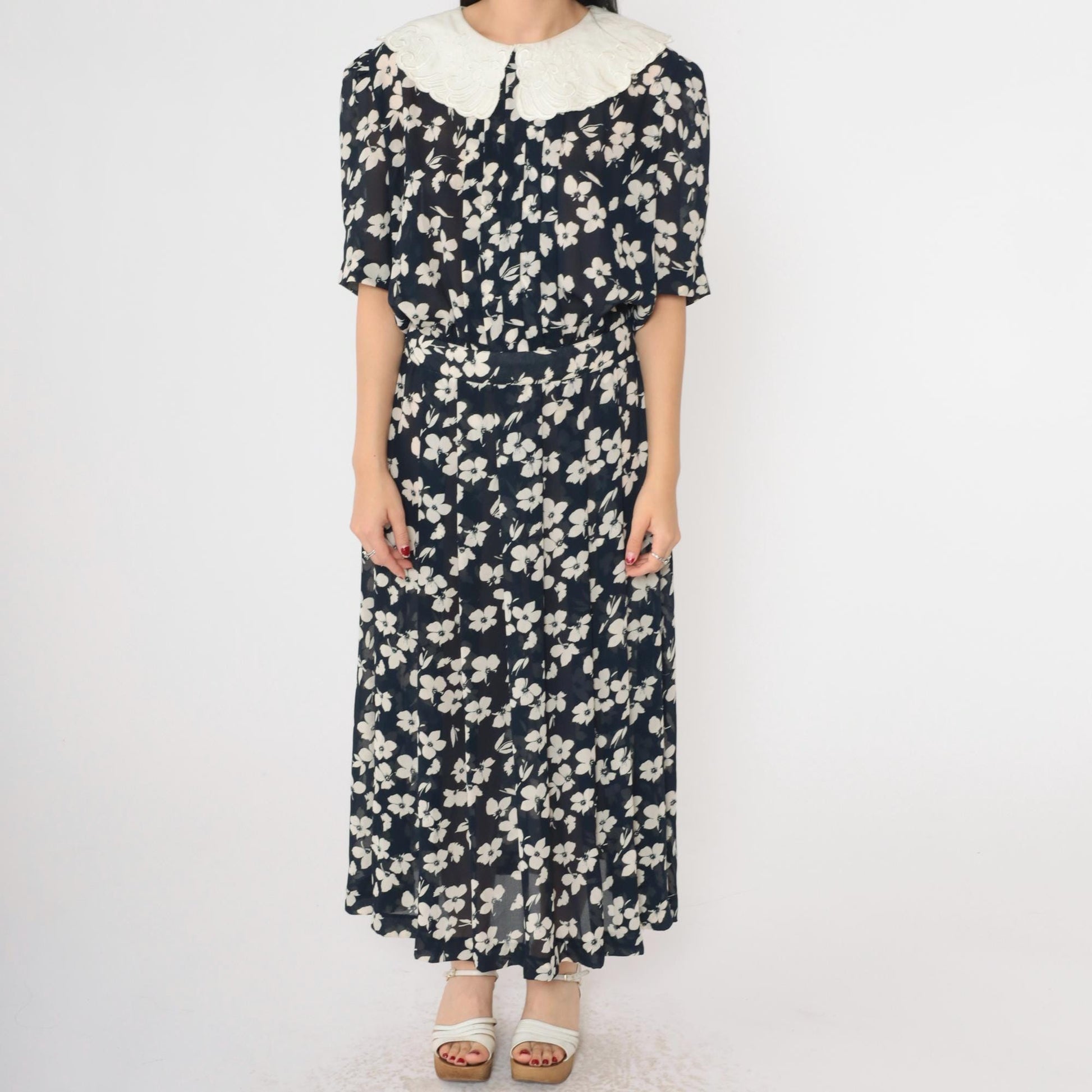 80s Karin Stevens Navy Floral Maxi Dress Pleated High Waist Puritan Collar Medium