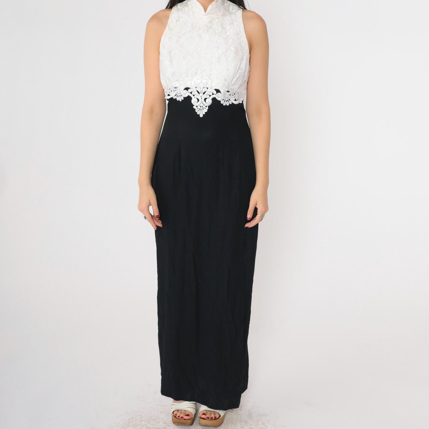 Jessica McClintock 80s Black White Lace Maxi Evening Dress Cutout Small