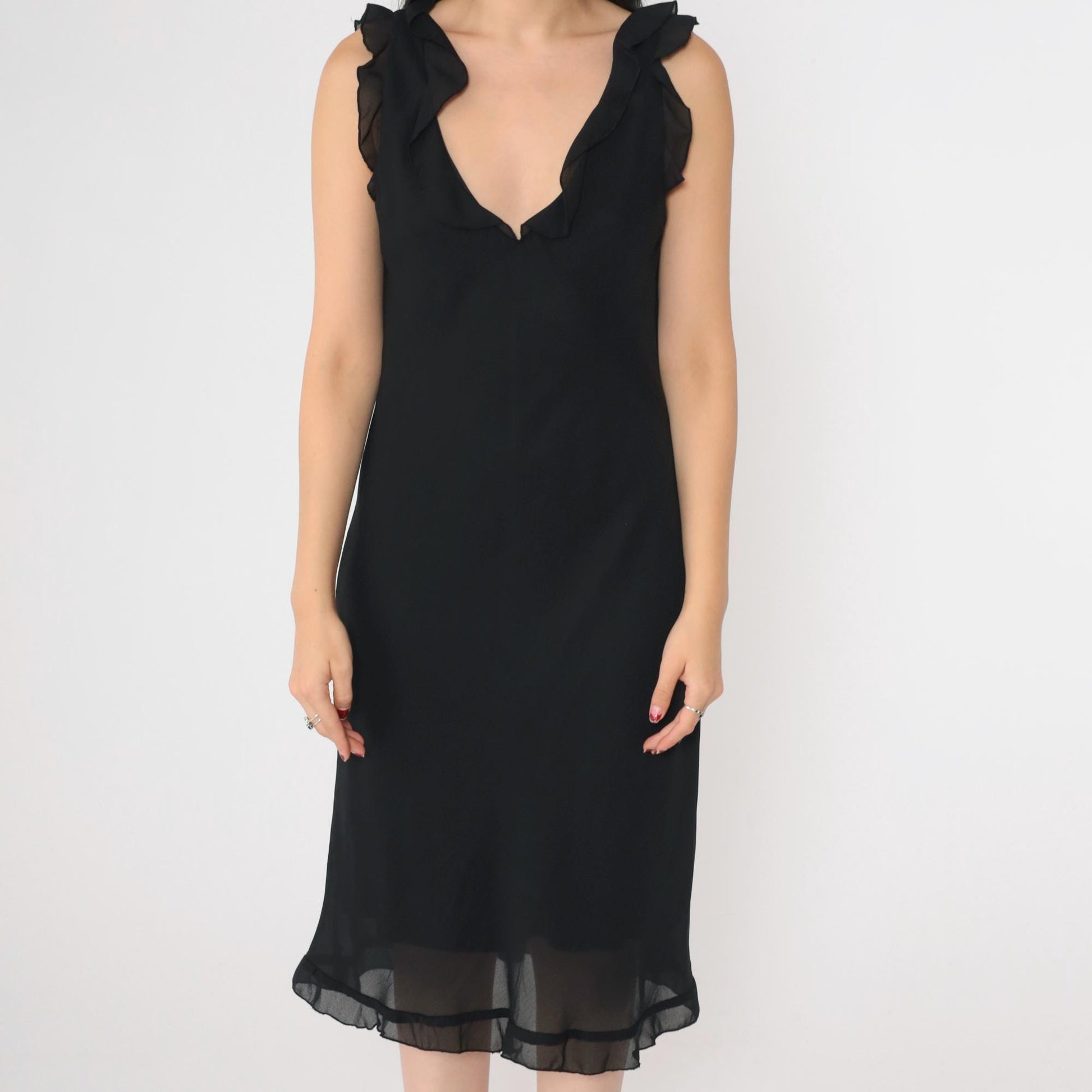 90s Black Chiffon Midi Dress V Neck Ruffled Sleeveless Shift Medium
