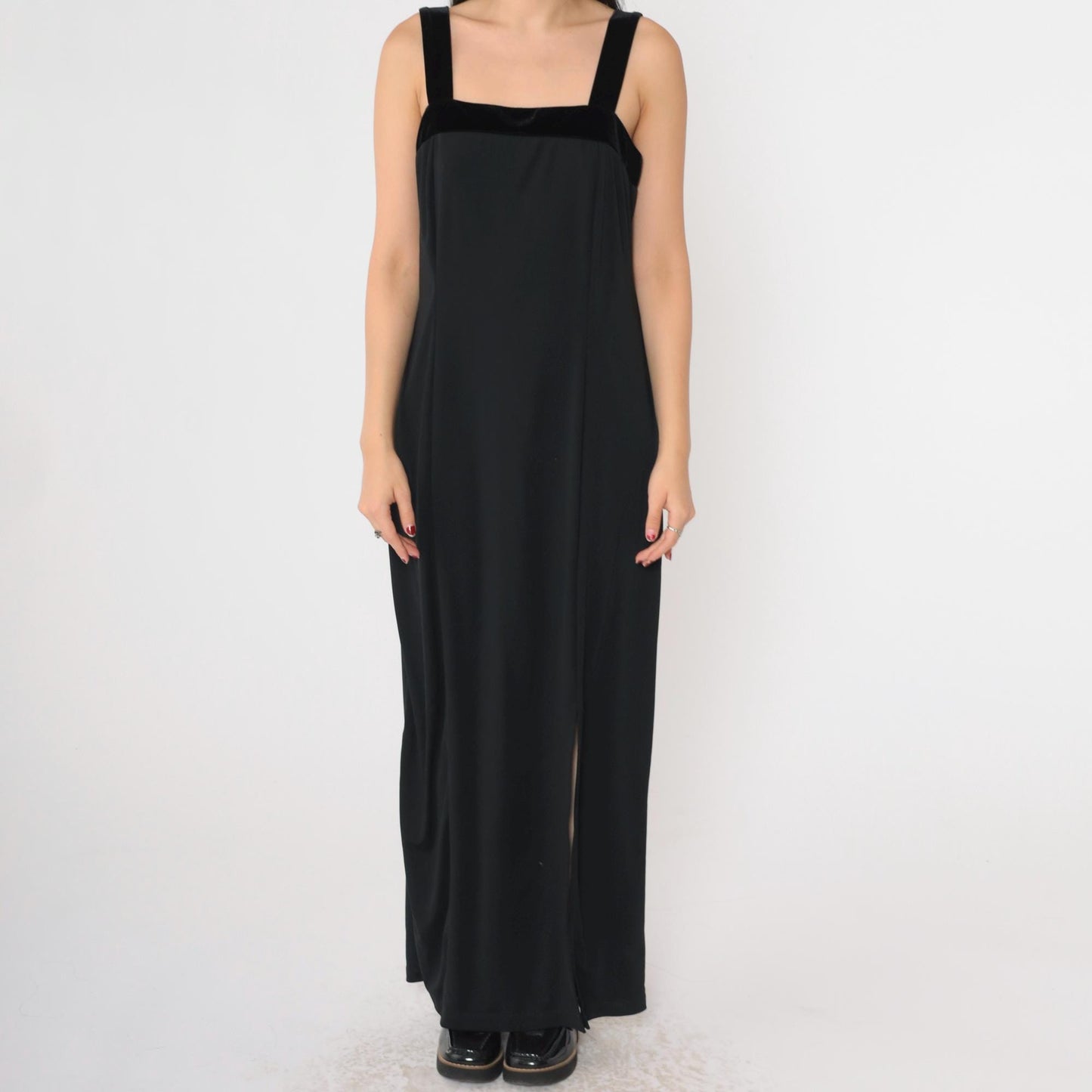 90s Black Velvet Strap Maxi Dress Sleeveless Sheath Front Slit Medium