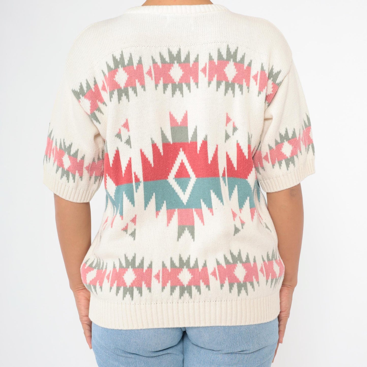 80s United Knitwear Southwestern Geometric Knit Top Off-White Coral Pink Blue Medium