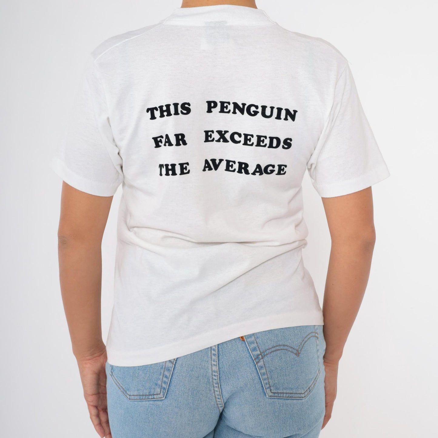 1986 Penguin Graphic T-Shirt "This Penguin Far Exceeds the Average" White Crewneck Small