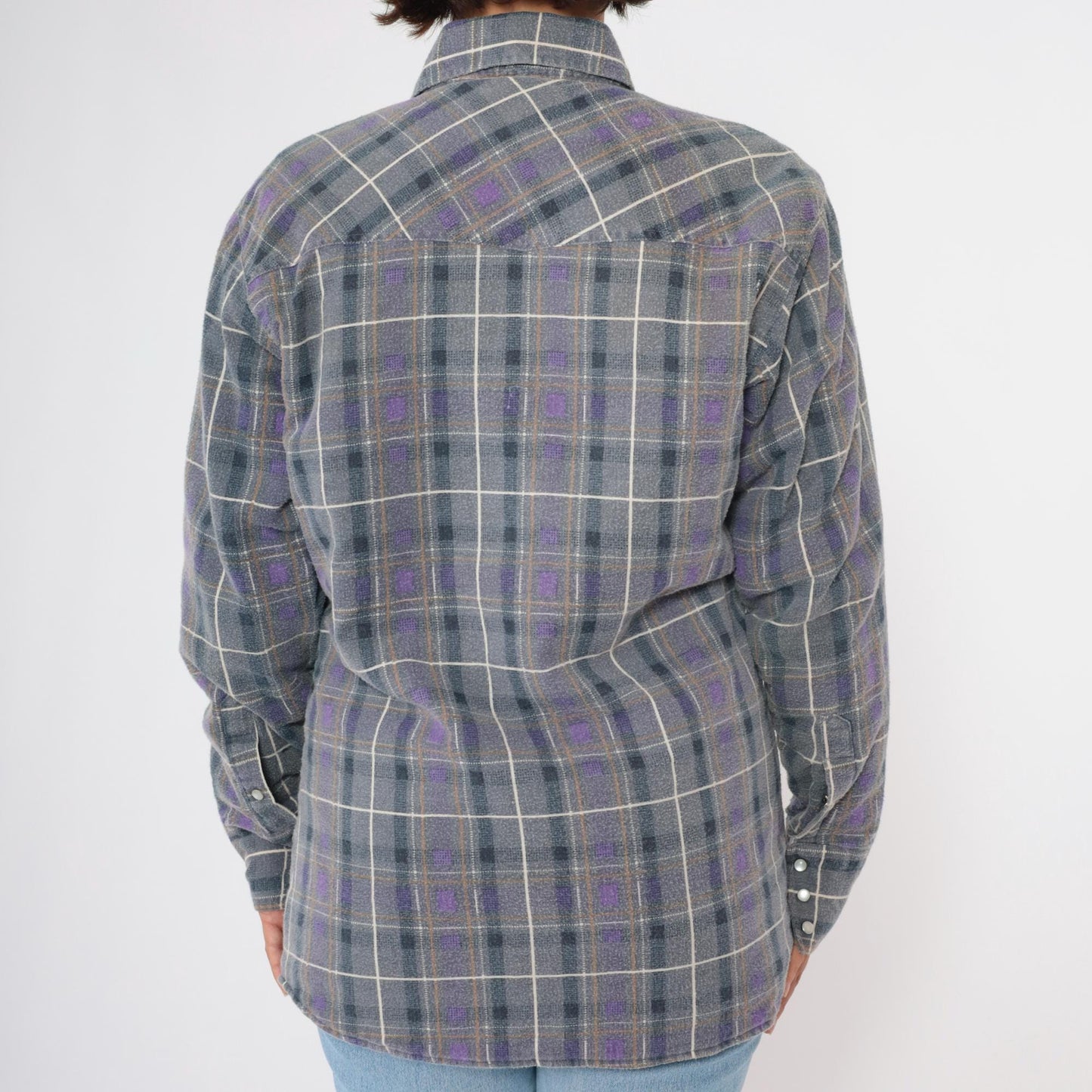 90s Rock Creek Ranch Pearl Snap Flannel Shirt Grey Purple Plaid Medium