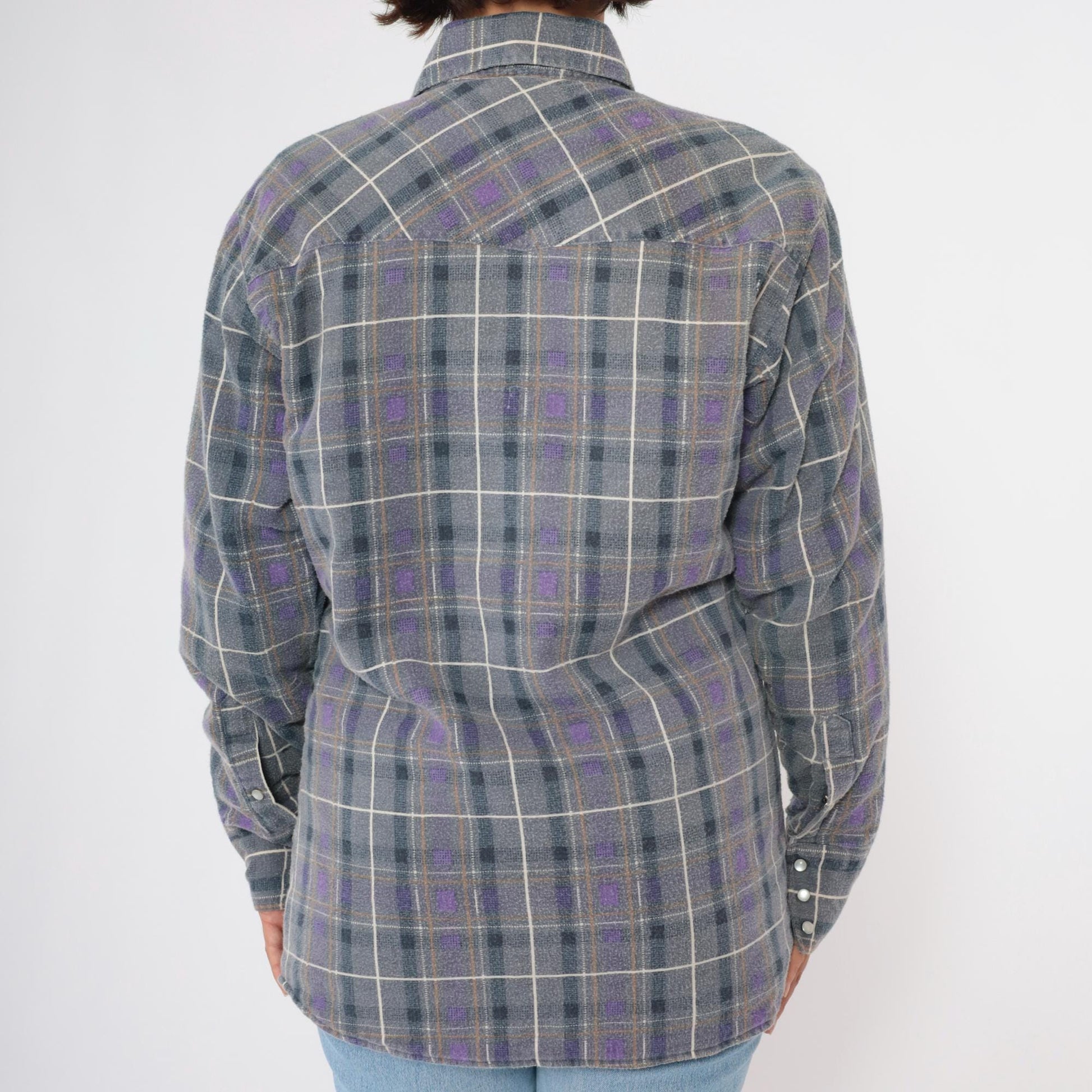 90s Rock Creek Ranch Pearl Snap Flannel Shirt Grey Purple Plaid Medium