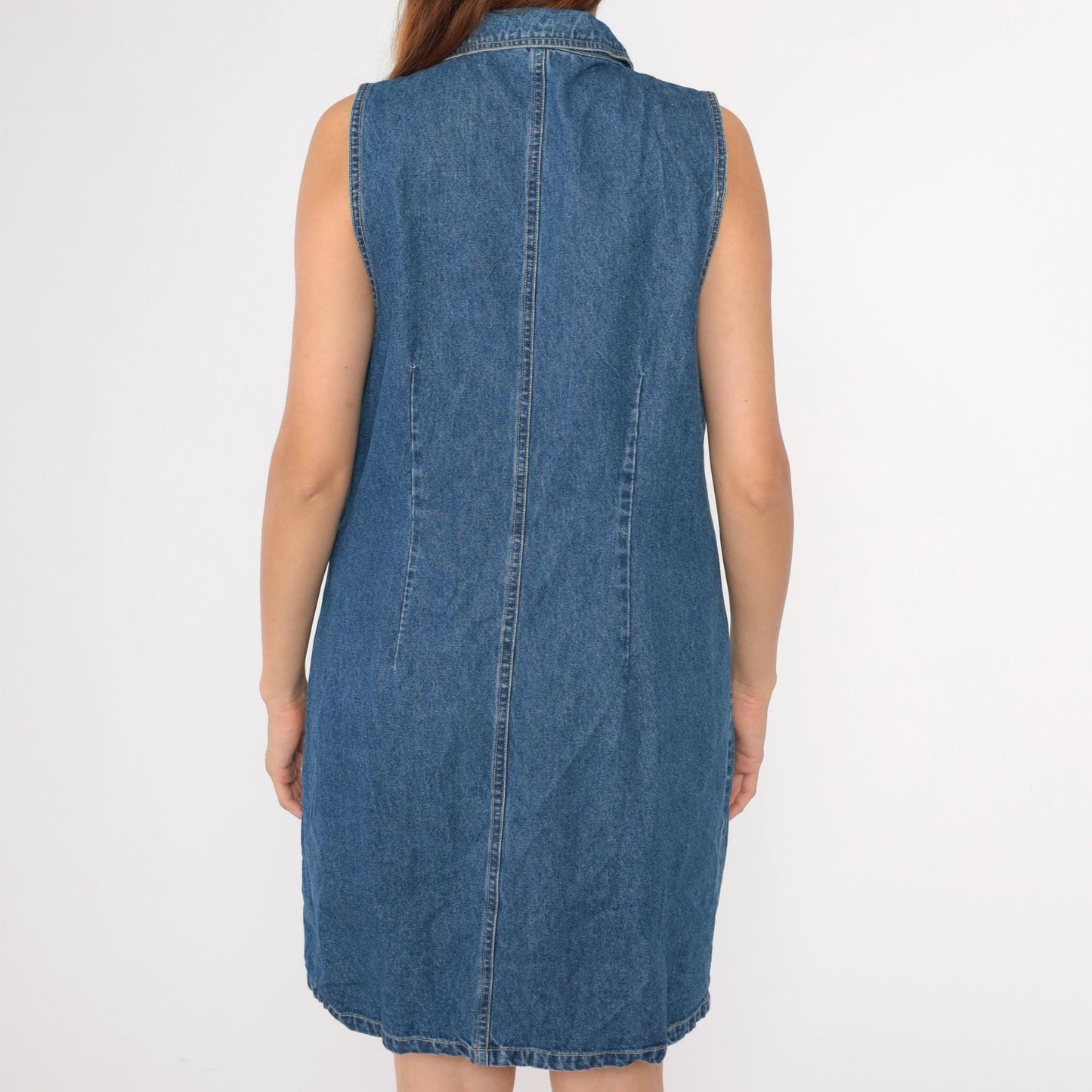 90s Denim Mini Dress Button-Up Sleeveless Blue Cotton Medium Large