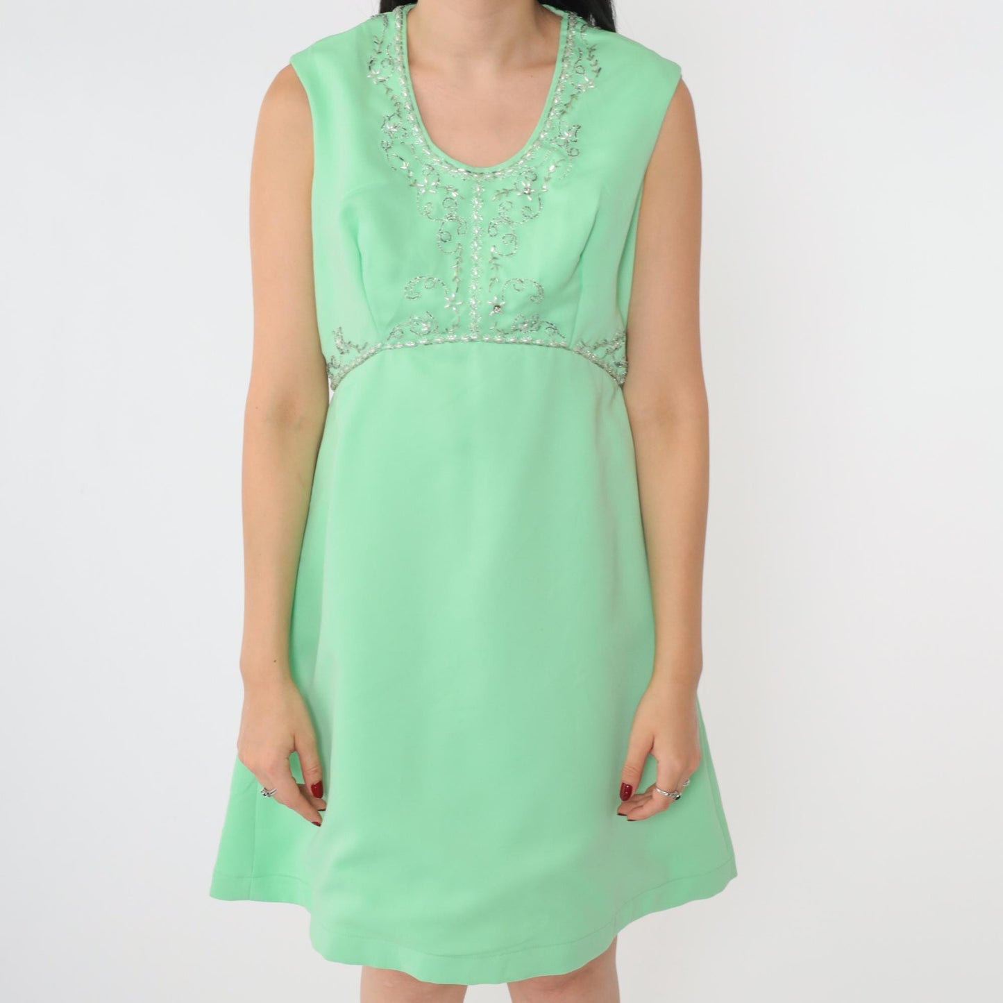 60s Mint Green Beaded Empire Waist Mini Dress Rhinestone Scoop Neck Medium