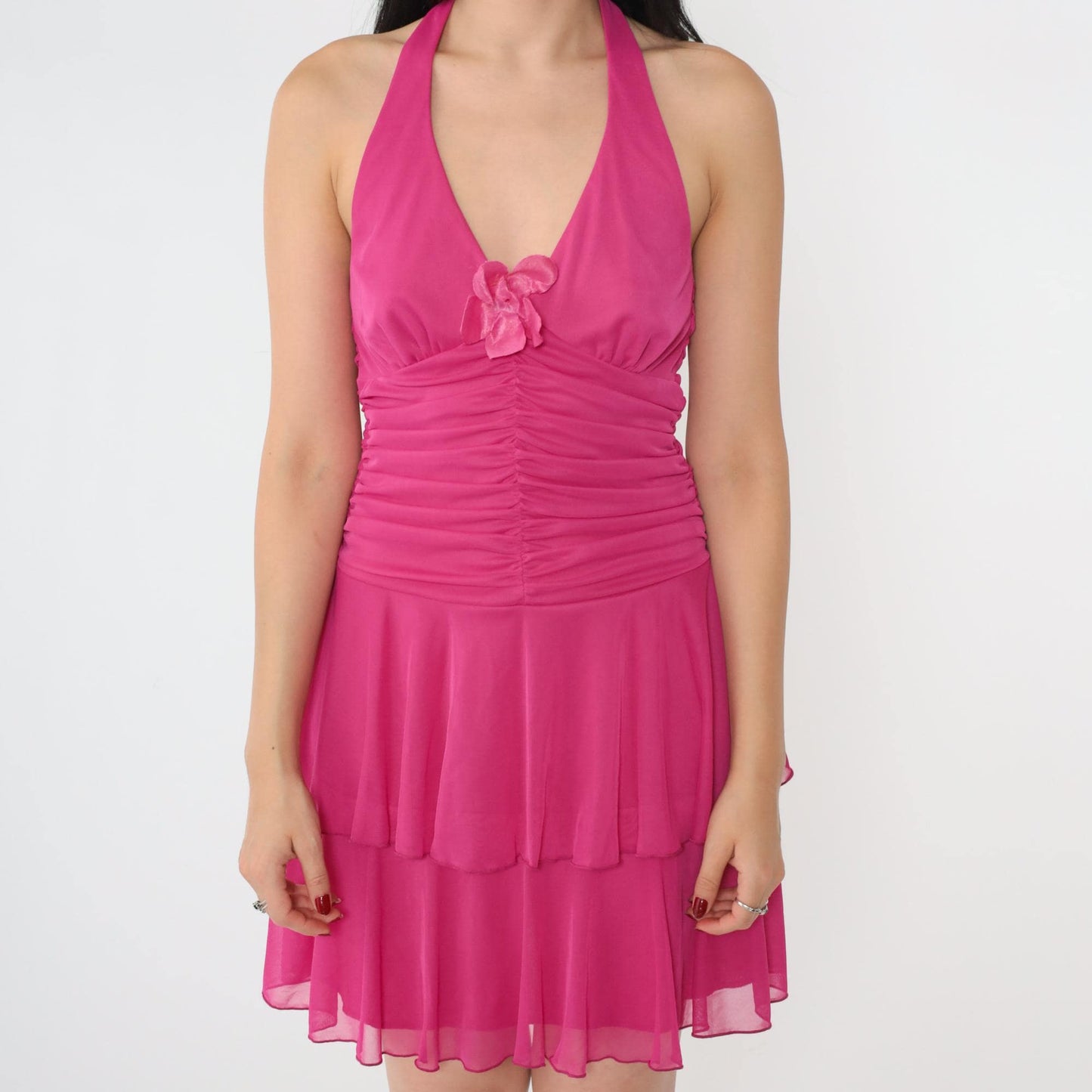 Y2K Hot Pink Halter Mini Dress Ruched Chiffon Floral Appliqué Small