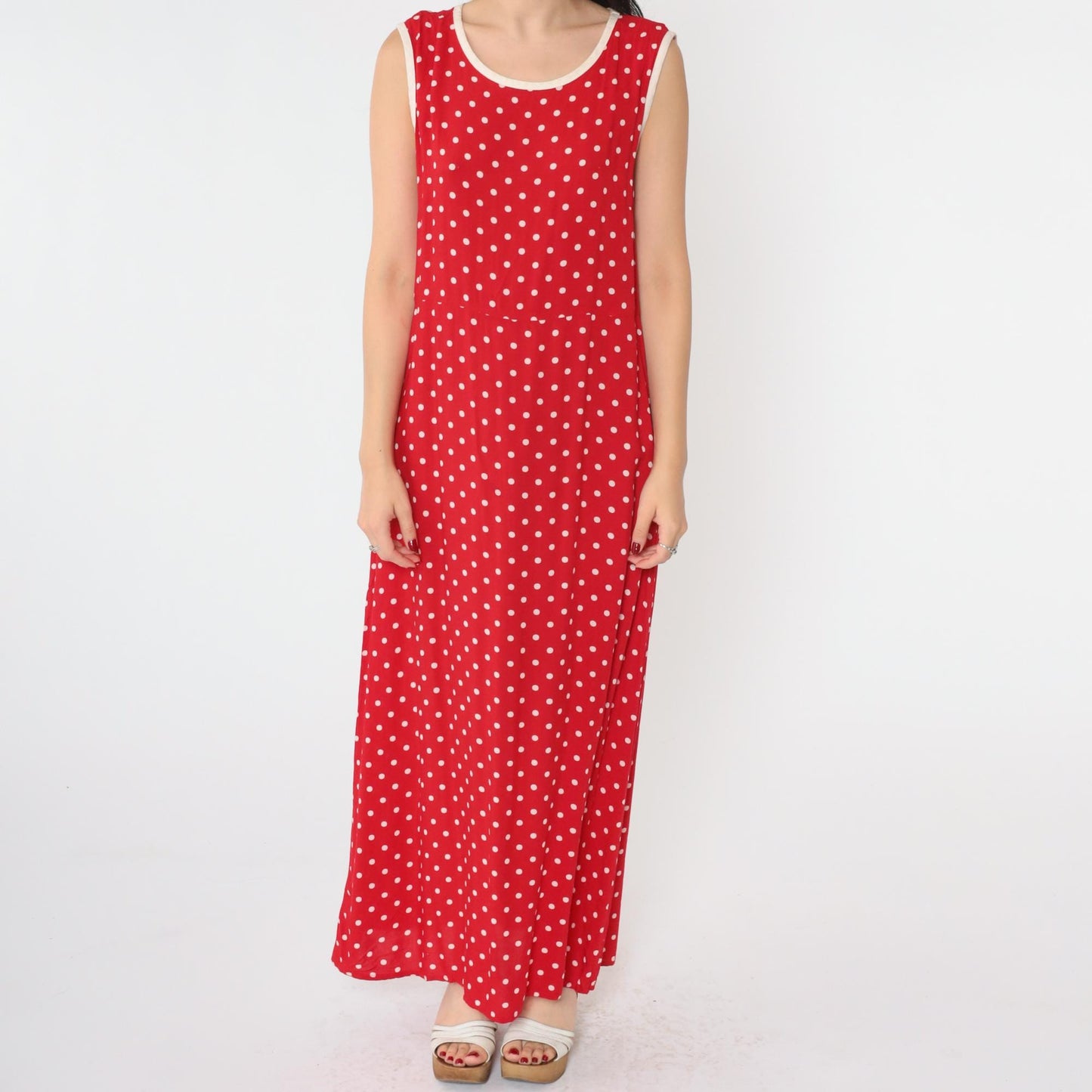 90s Red Polka Dot Maxi Dress Sleeveless High Waist Scoop Neck Medium