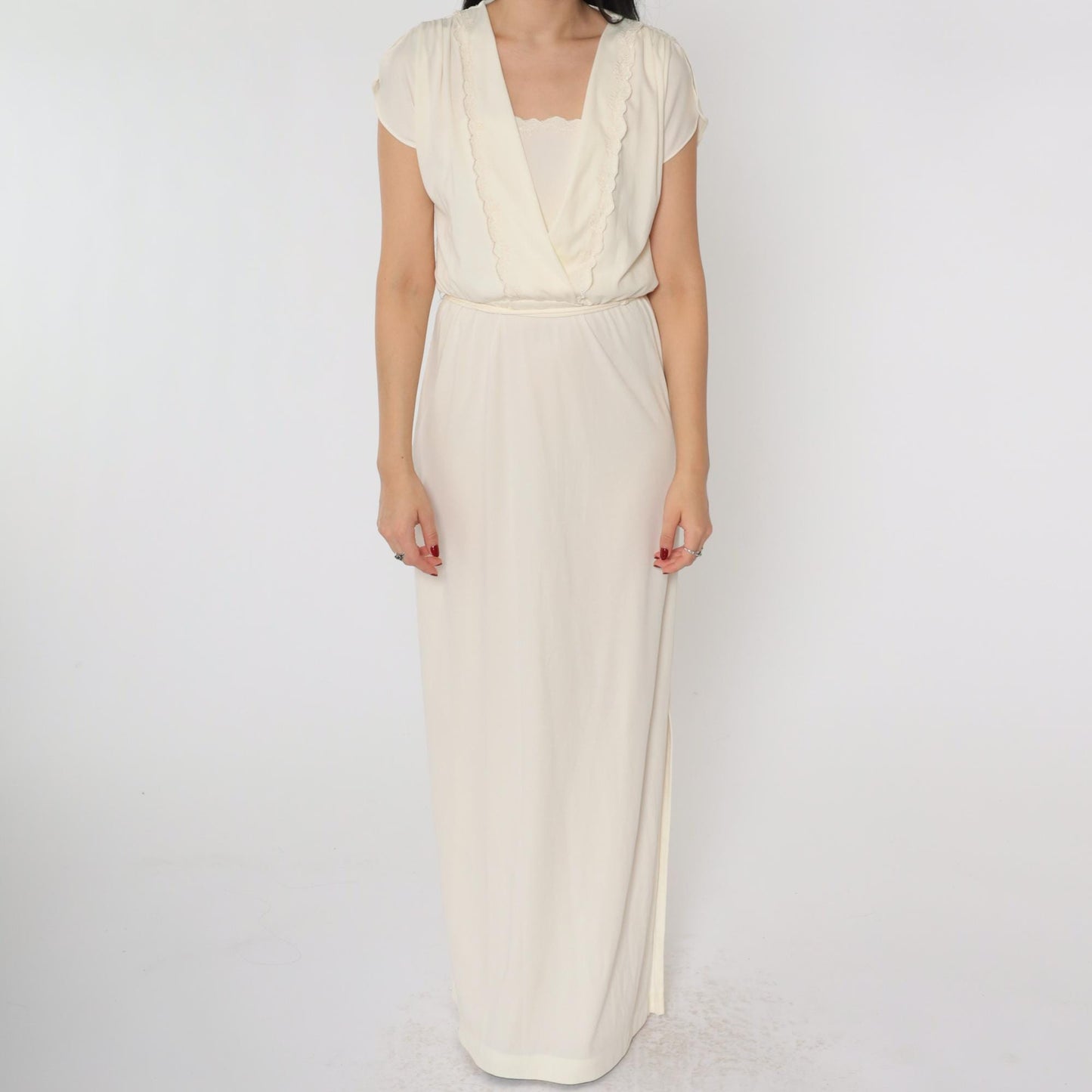 70s Cream Maxi Dress Embroidered Floral Wrap Bodice Flutter Sleeve Small