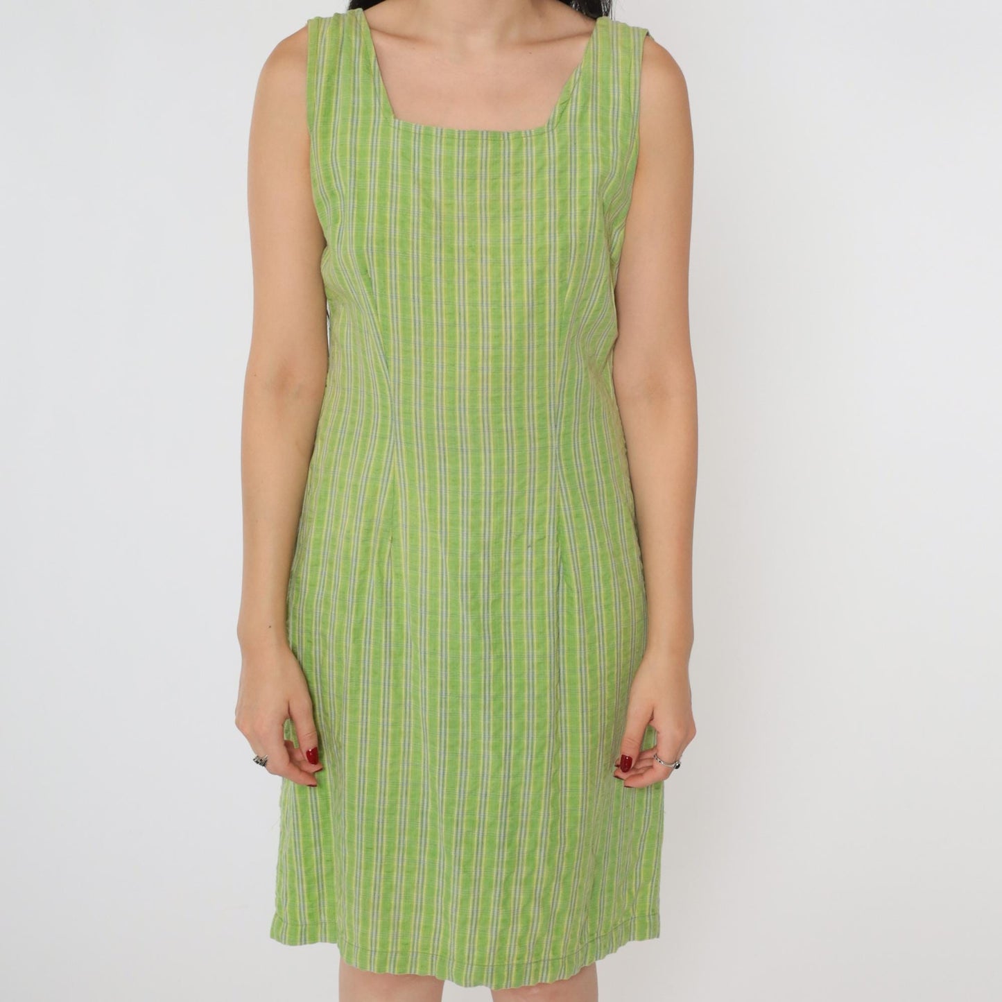 90s Forenza Green Checkered Mini Dress Square Neck Sleeveless Small