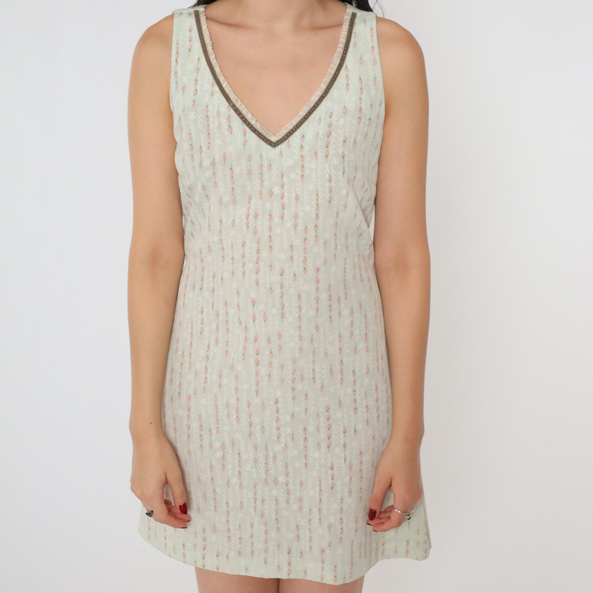 90s Mint Floral Sheath Mini Dress Deep V Neck Sleeveless Small