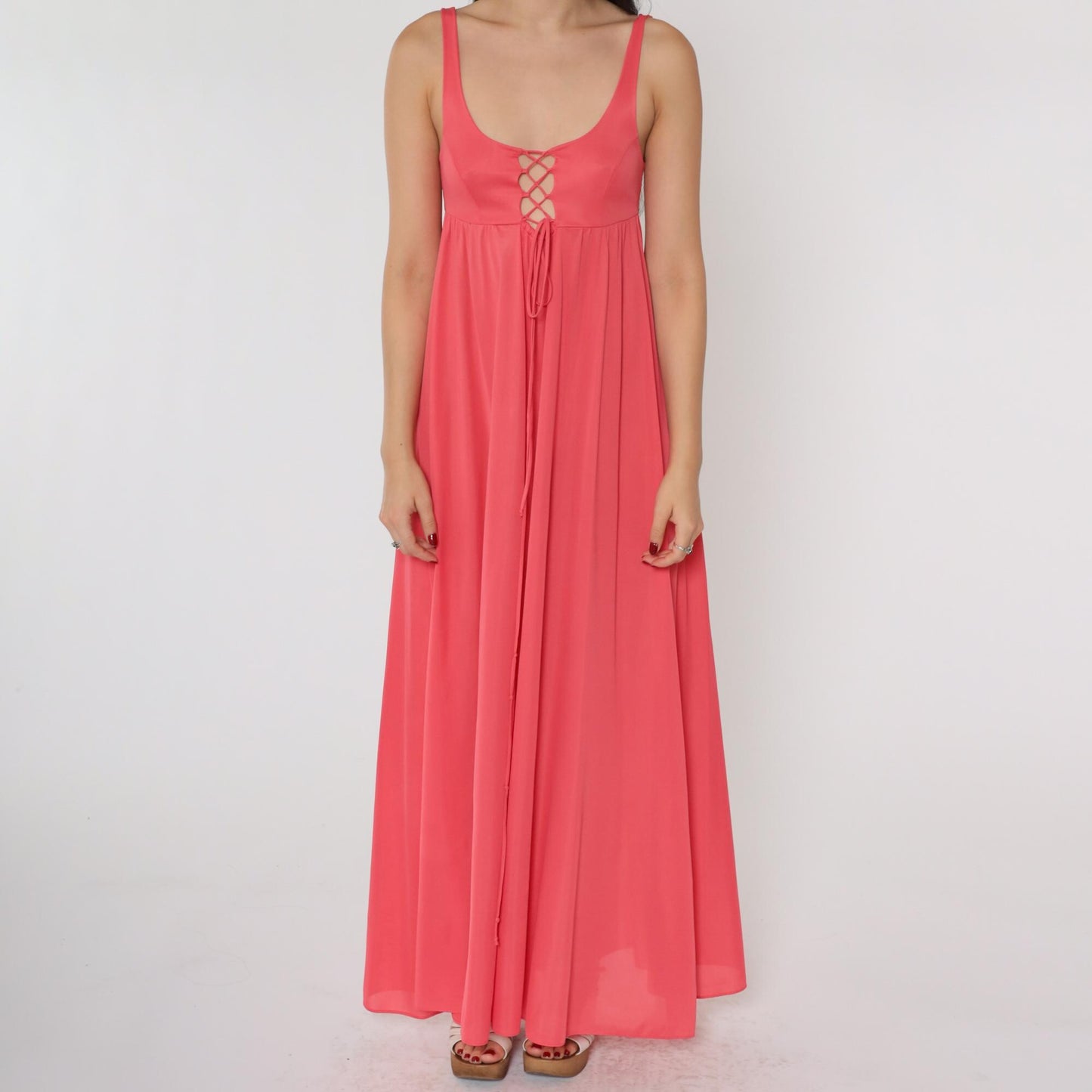 70s Coral Pink Lace-Up Slip Dress Maxi Empire Waist Scoop Neck Extra Small