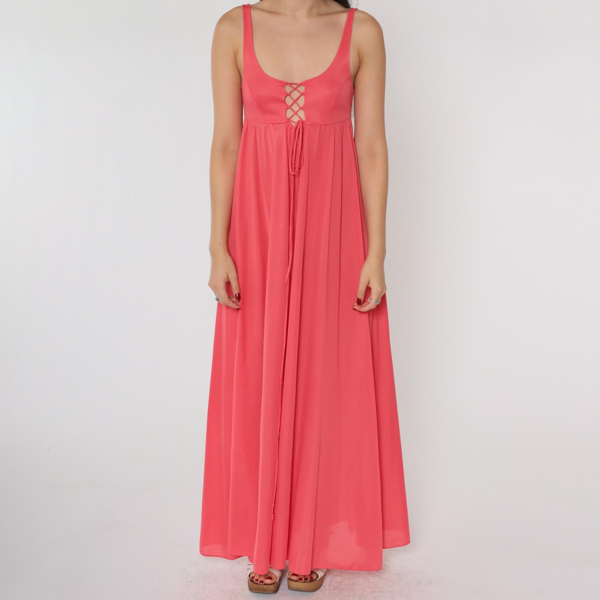 70s Coral Pink Lace-Up Slip Dress Maxi Empire Waist Scoop Neck Extra Small