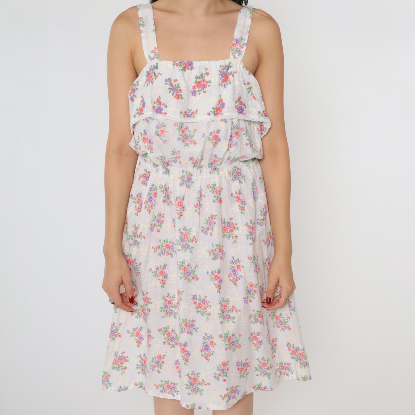 70s White Floral Midi Sun Dress High Elastic Waist Tank Straps Small Medium