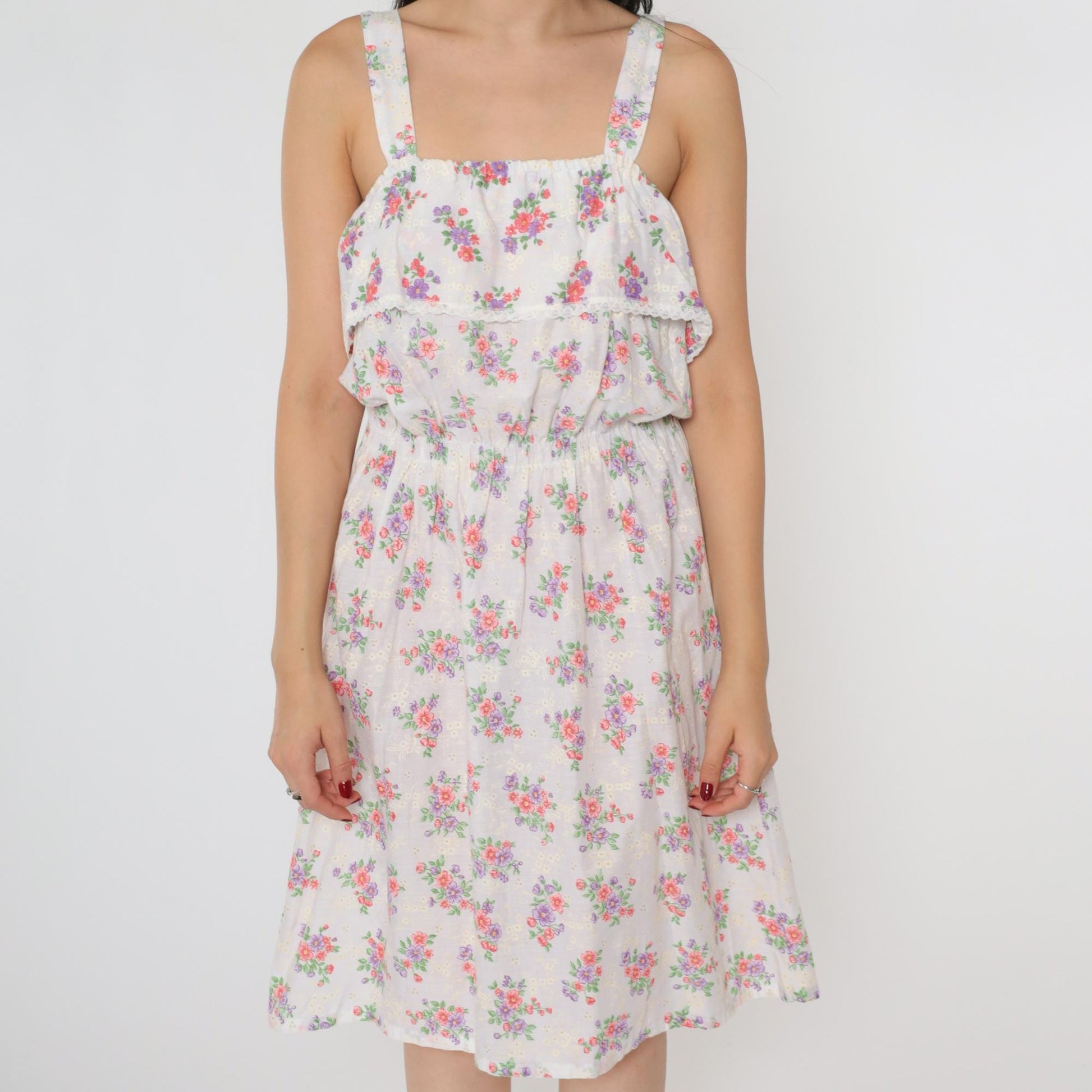 70s White Floral Midi Sun Dress High Elastic Waist Tank Straps Small Medium