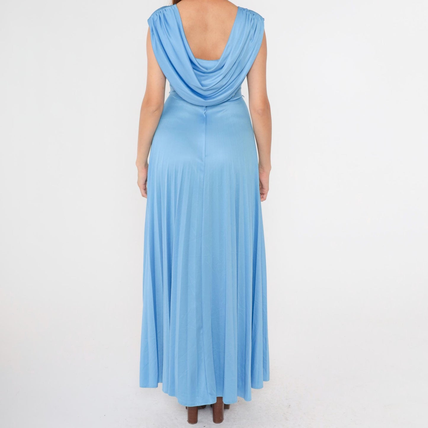 70s Blue Maxi Dress Pleated Wrap V-Neck Cap Sleeve High Waist Small