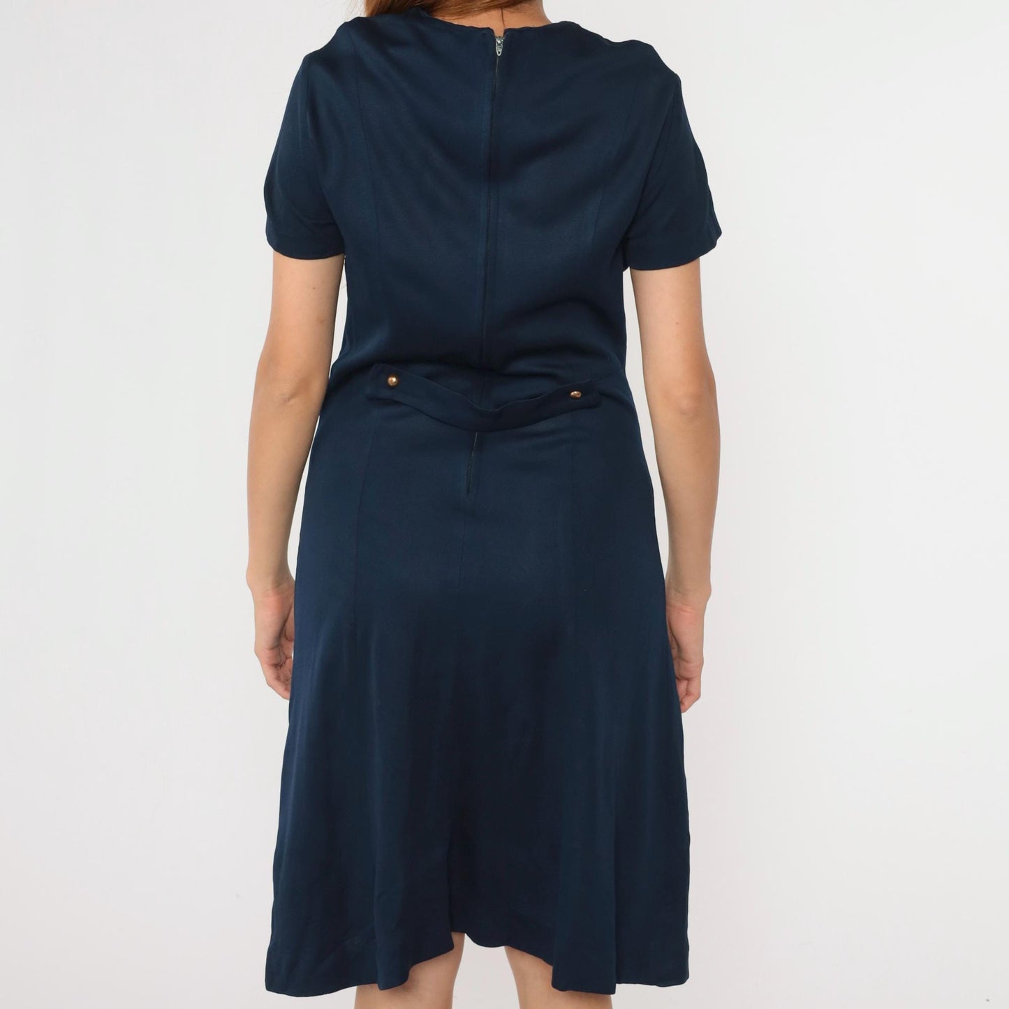 1960s Navy Shift Dress Midi Button Detail Short Sleeve Medium