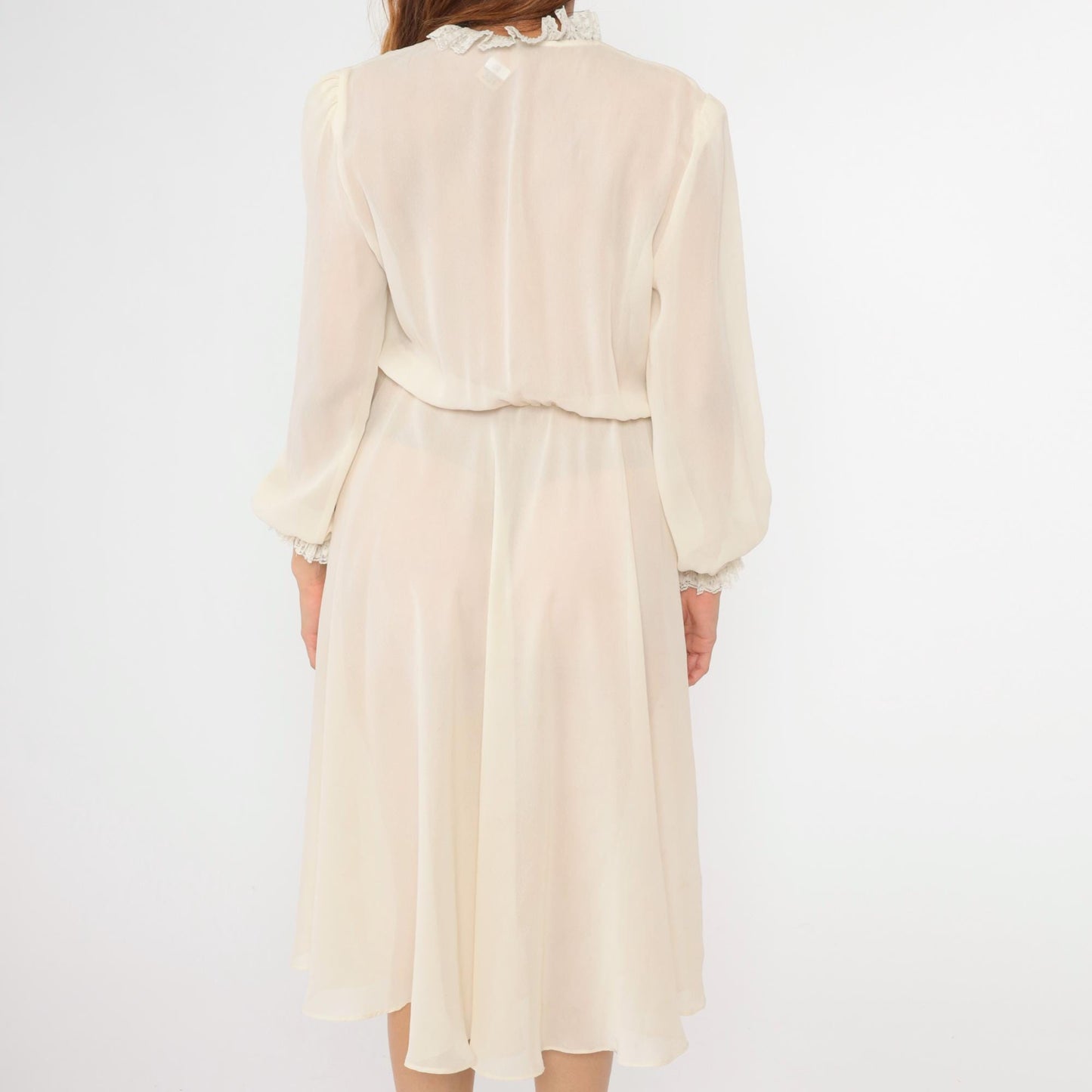 70s White Sheer Midi Dress Pearl Buttons Puff Sleeves High Waist Medium Large