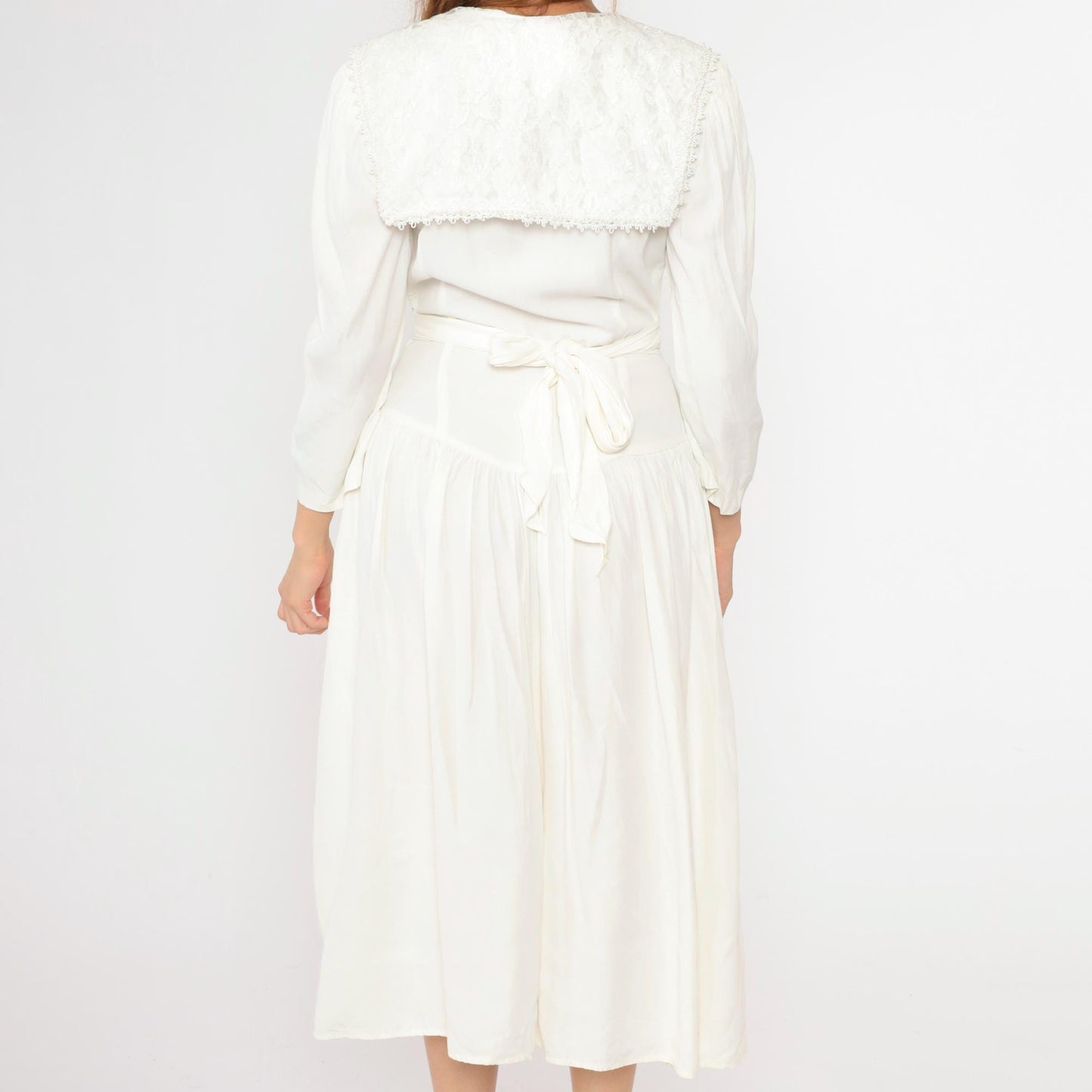 80s Jody California White Midi Dress Sailor Collar Button-Up Puff Sleeve Medium