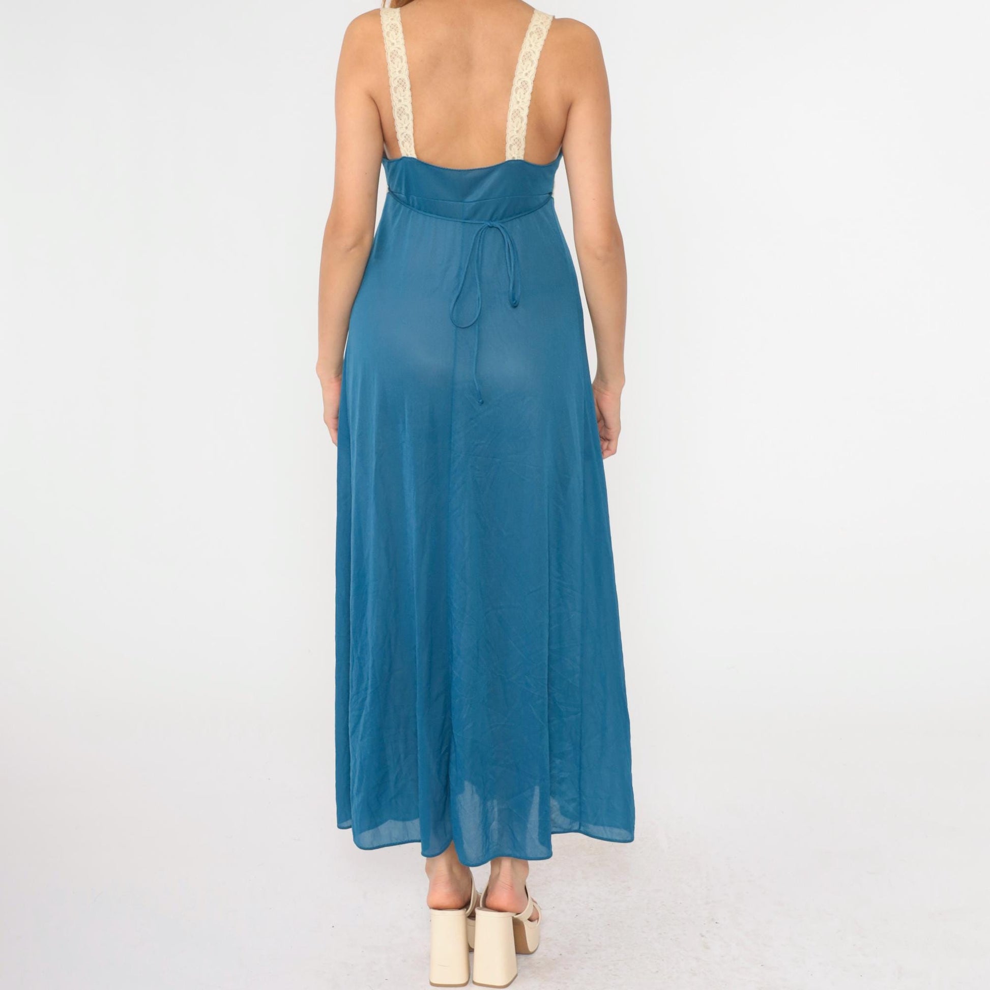 70s Kayser Blue Nylon Nightgown Cream Lace Trim Maxi Empire Waist Medium