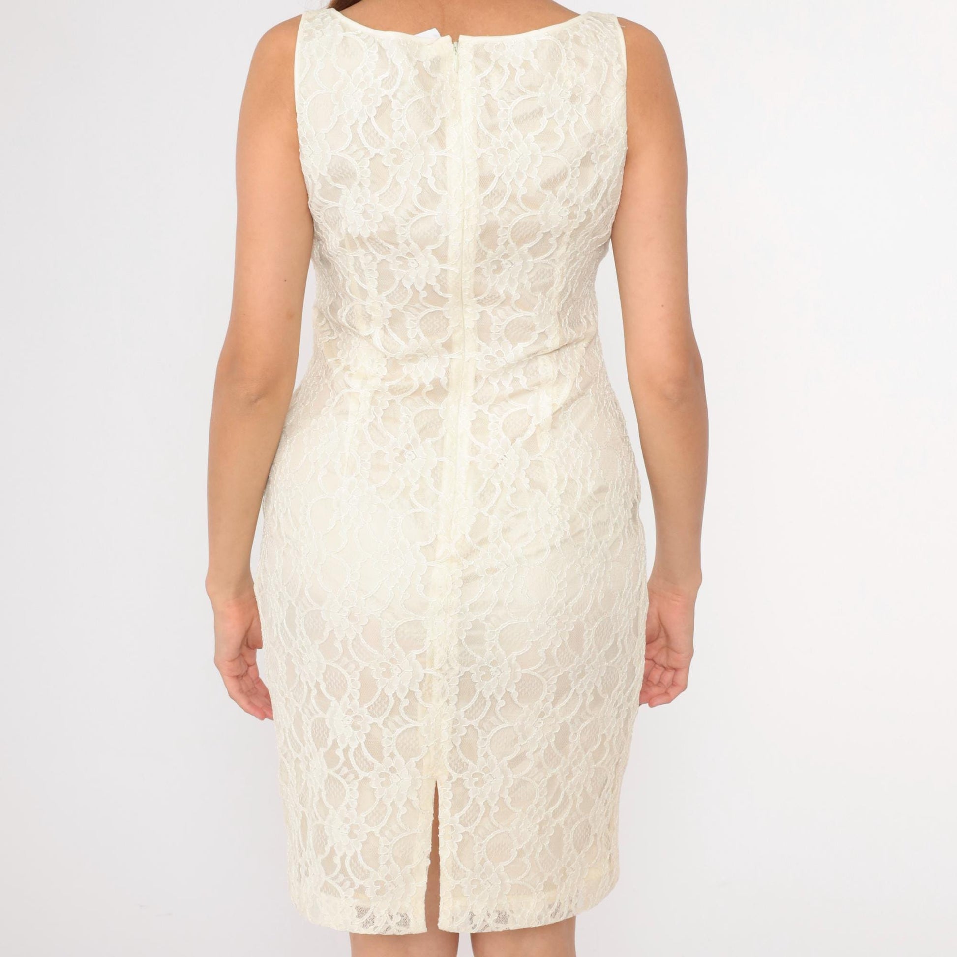 90s Cream Lace Mini Dress Sleeveless V-Neck Sheath Cocktail Medium 8