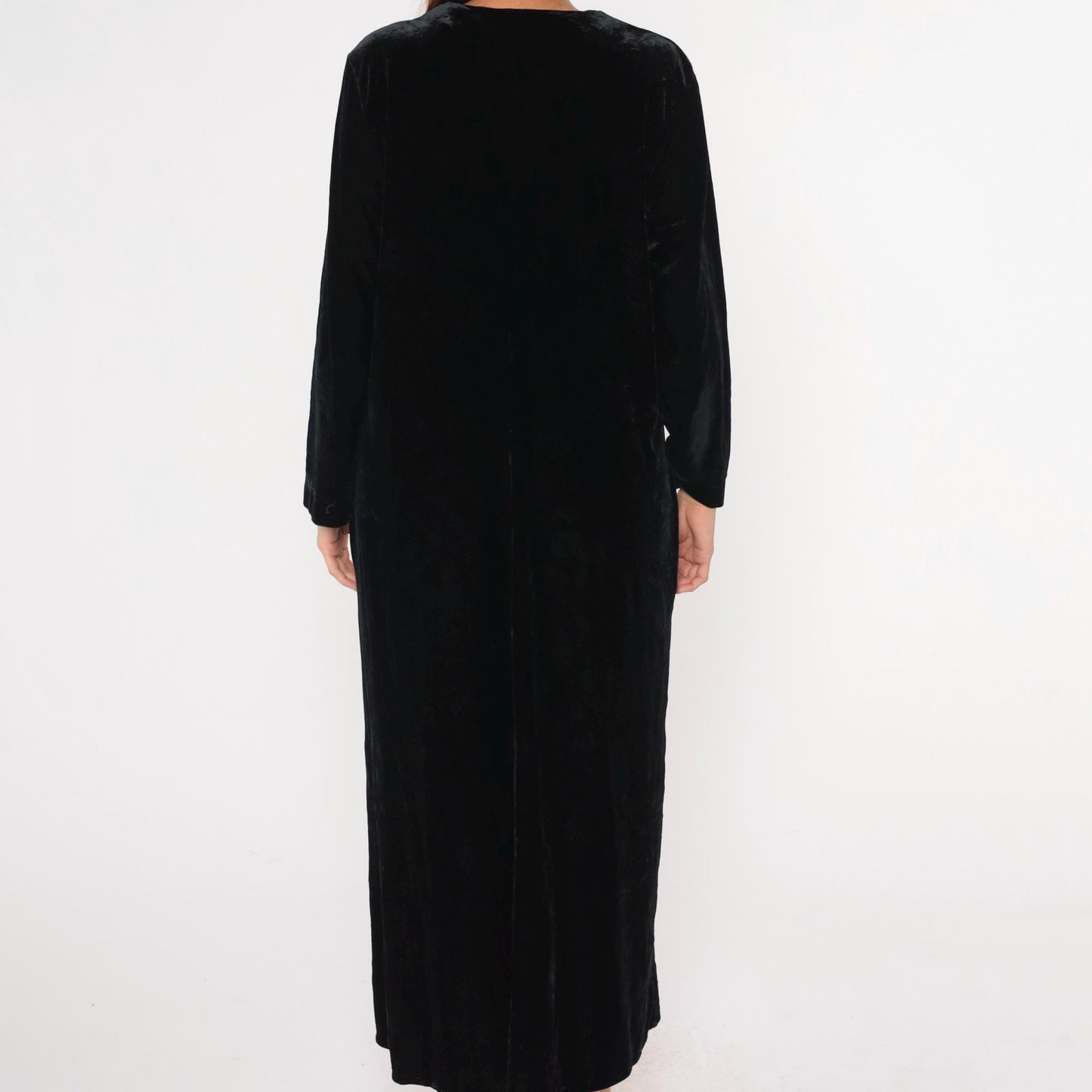 80s Exquisite by Judith Lebkoff Velour Maxi Lounge Dress Black Floral Hand Painted Large