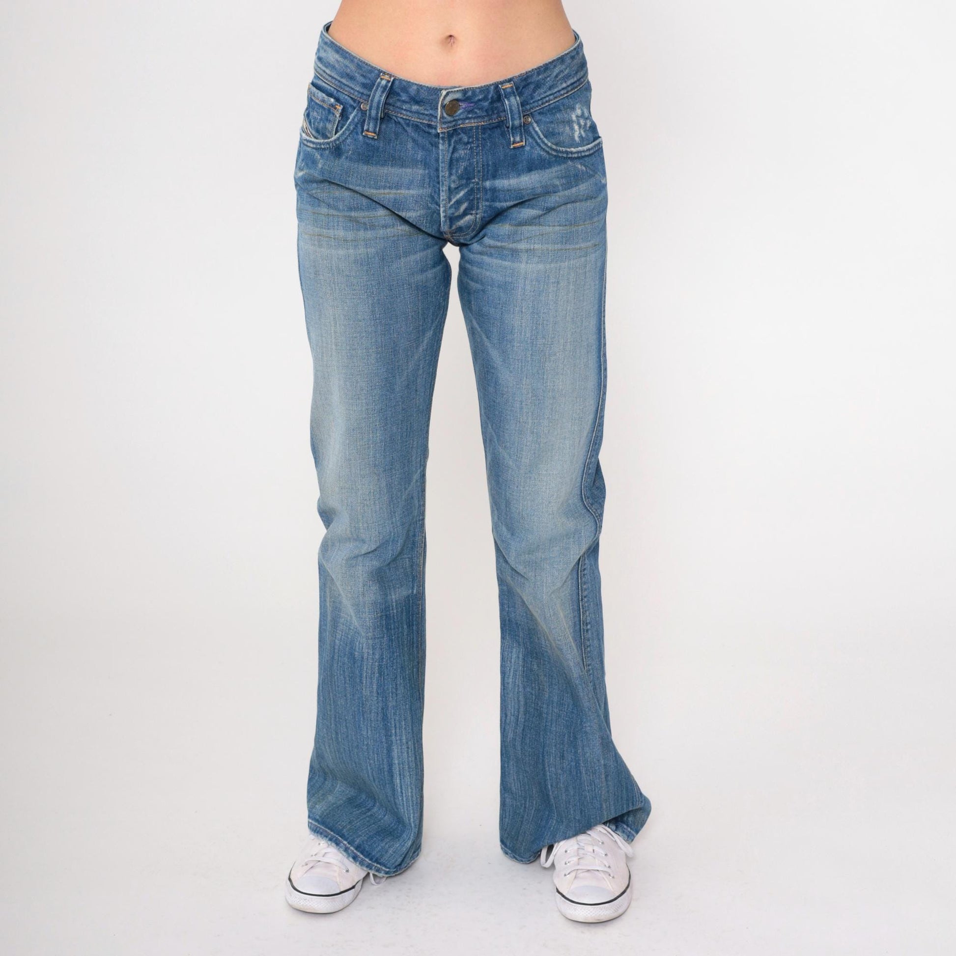 00s Diesel Industry Bootcut Jeans Mid Rise Faded Blue Distressed Denim Small 27