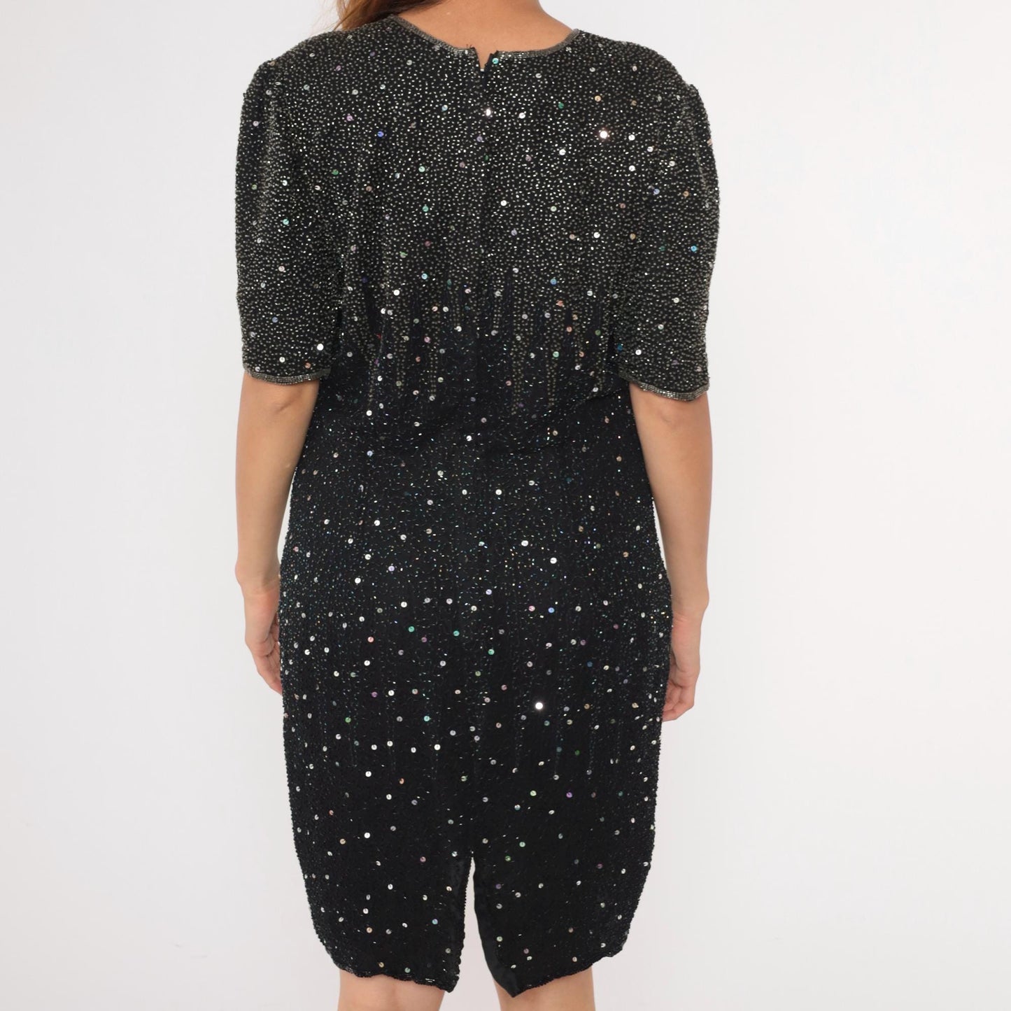 90s Black Silk Beaded Sequin Mini Dress Sleeveless Shift Medium Large