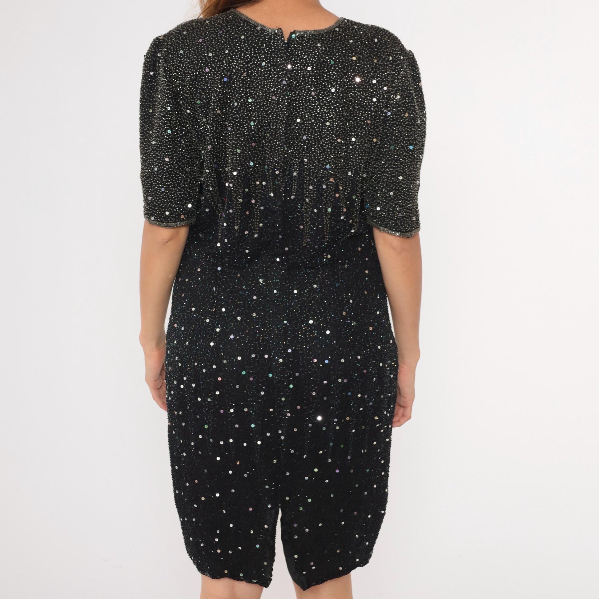 90s Black Silk Beaded Sequin Mini Dress Sleeveless Shift Medium Large