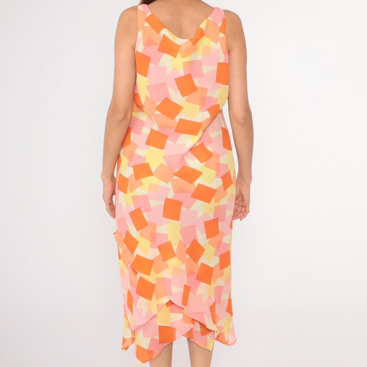 Y2K Geometric Asymmetrical Hanky Hem Shift Dress Orange Pink Yellow Large 12
