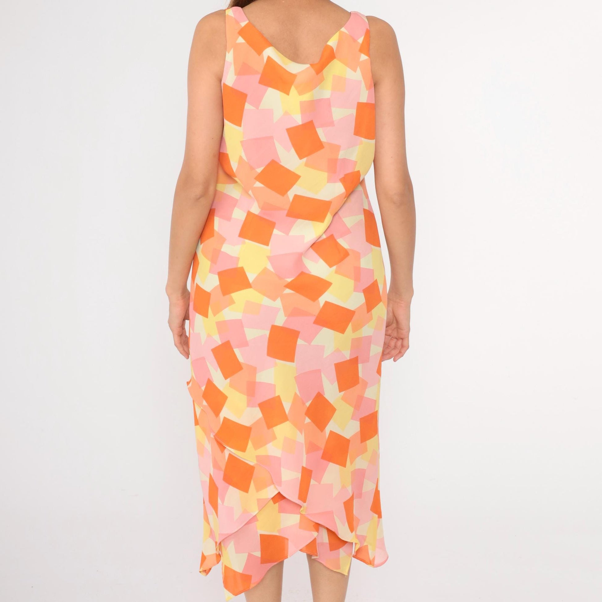 Y2K Geometric Asymmetrical Hanky Hem Shift Dress Orange Pink Yellow Large 12