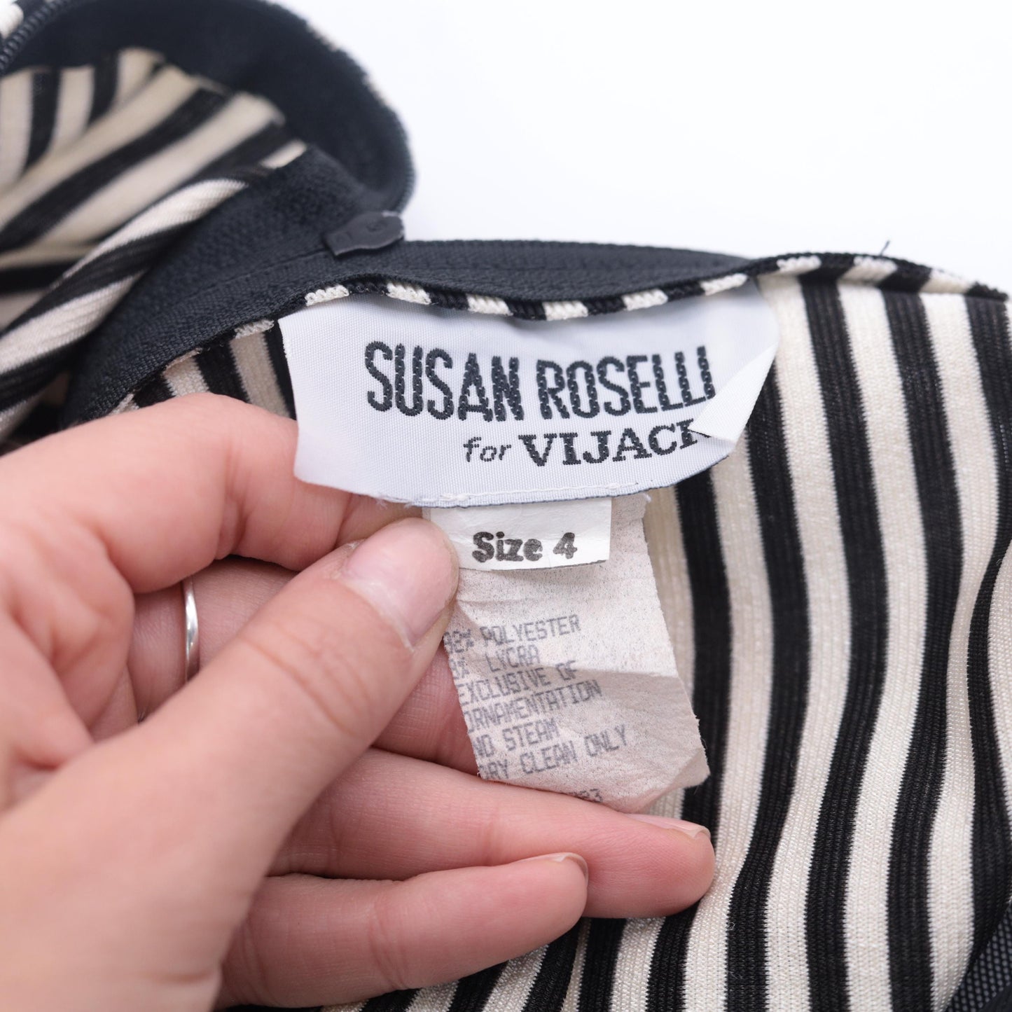90s Susan Rosalli Bodycon Maxi Dress Black White Striped Mesh Mock Neck Small 4