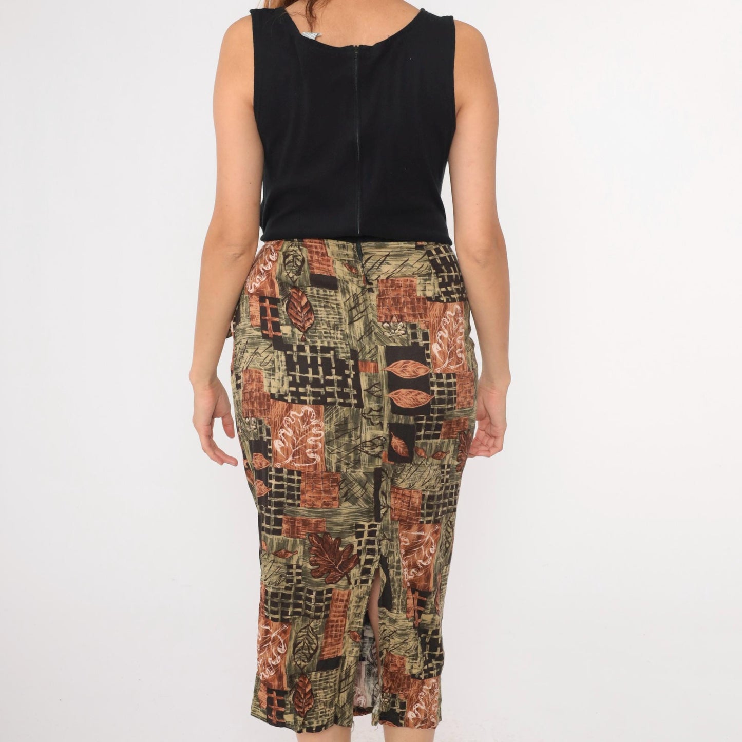 90s UM & Company Leaf Print Midi Dress Black High Waist Wrap Sleeveless Medium