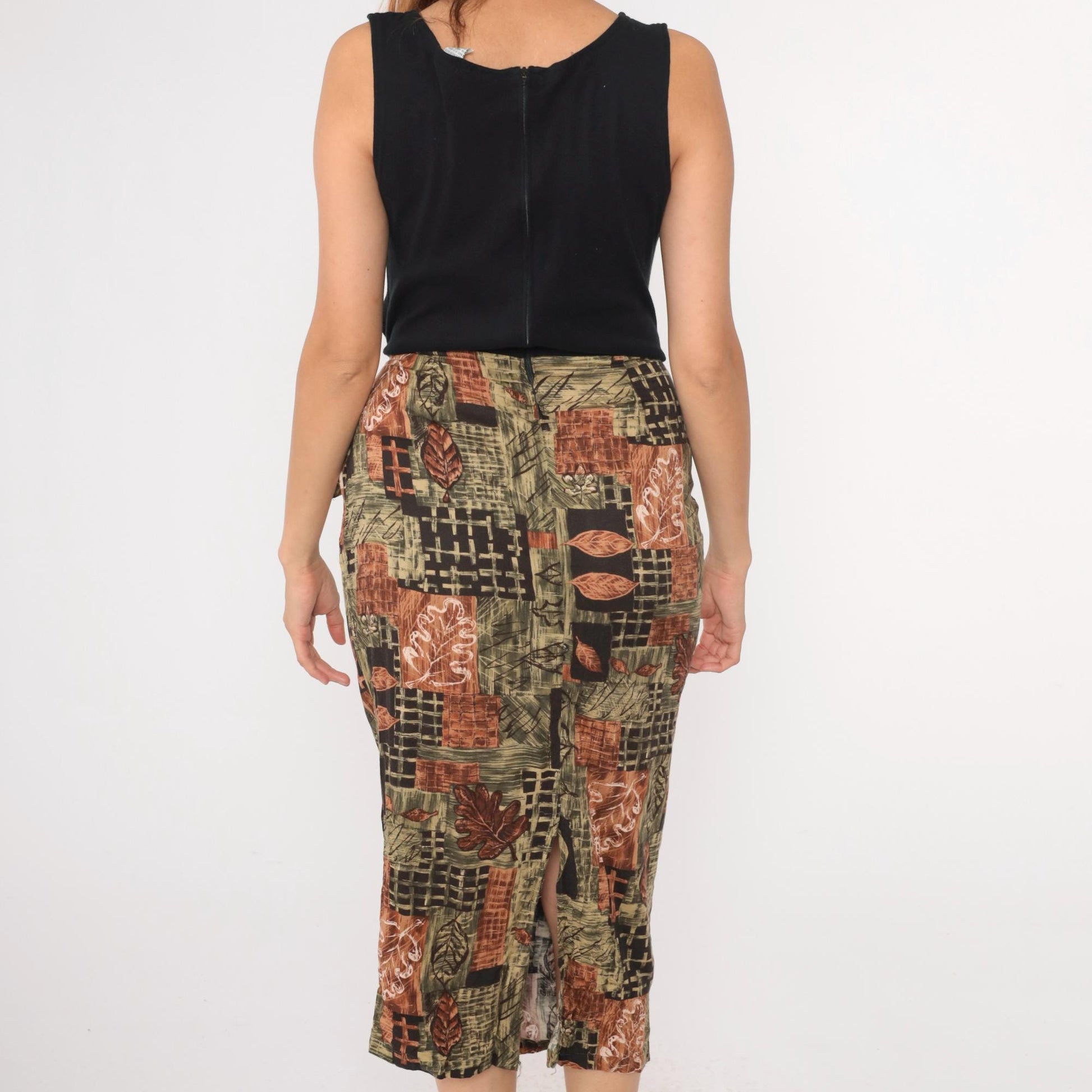 90s UM & Company Leaf Print Midi Dress Black High Waist Wrap Sleeveless Medium