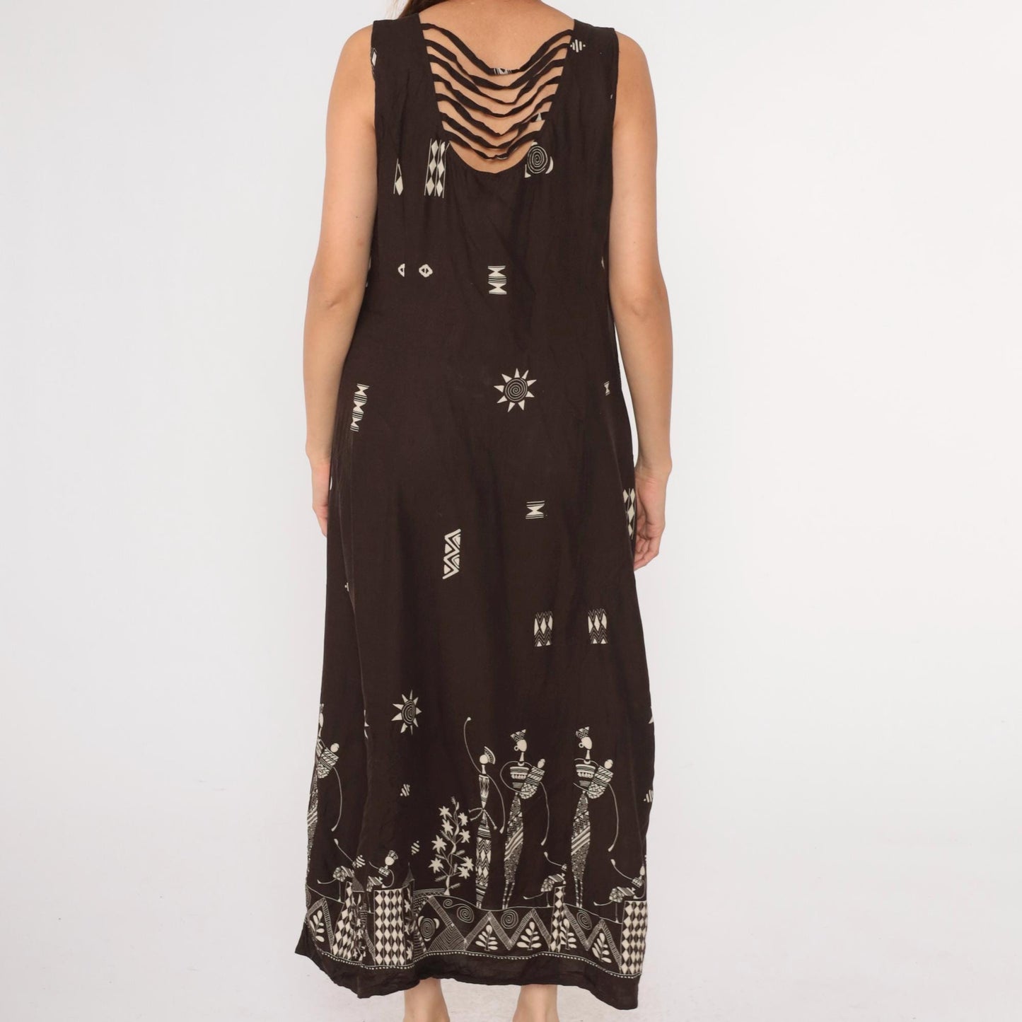 Y2K African Print Maxi Dress Brown Button-Up Sleeveless Geometric Cage Back Extra Large XL